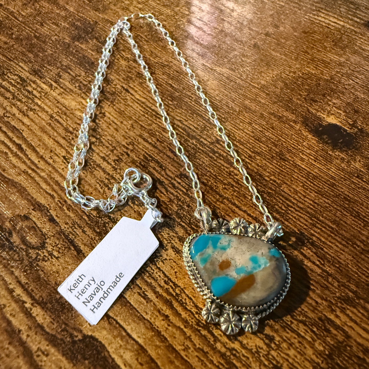 Navajo Handmade Royston Ribbon Turquoise Necklace Sterling Silver 18 Inch Chain