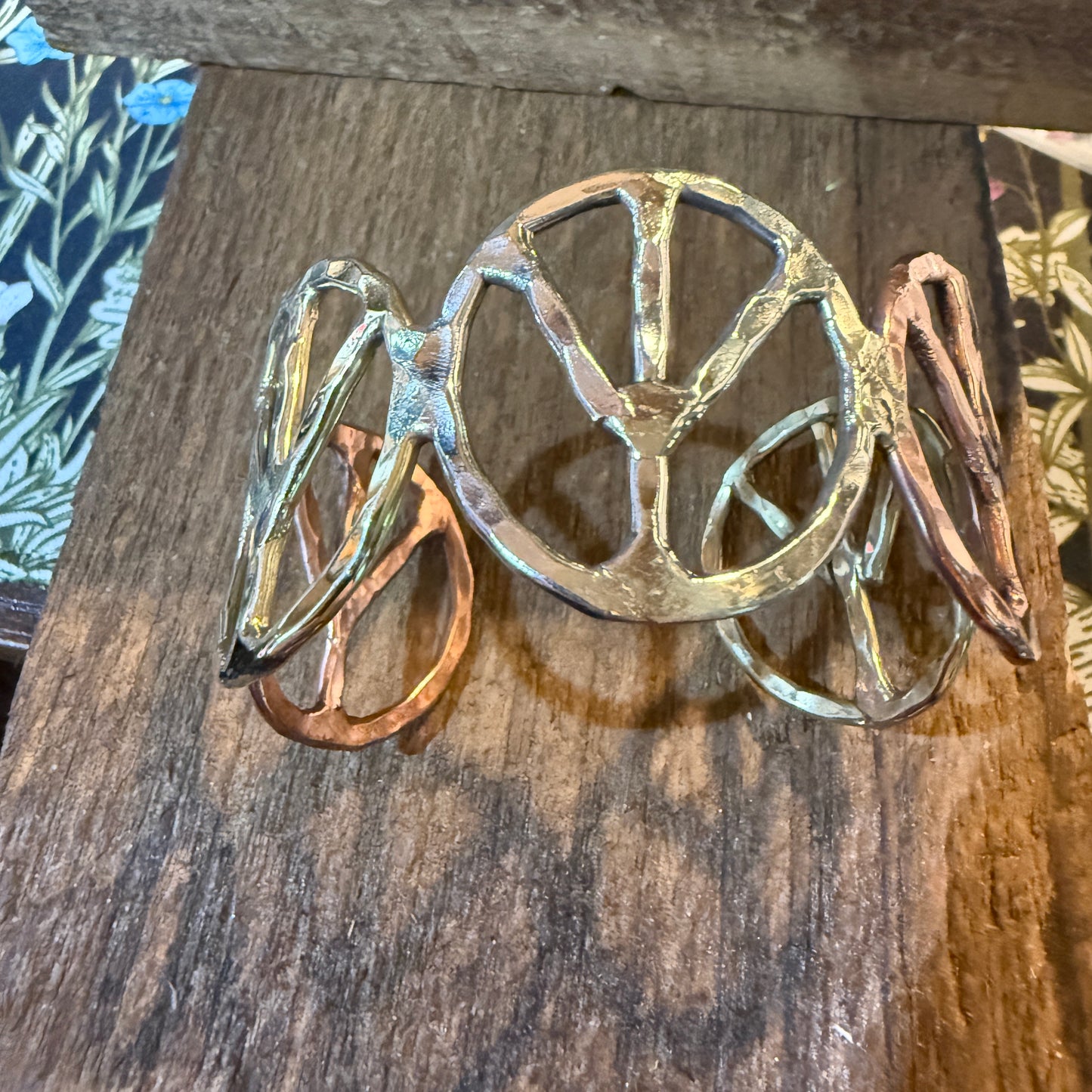 Woodstock Vibes Mixed Metal Peace Sign Bracelet Hammered Boho Cuff