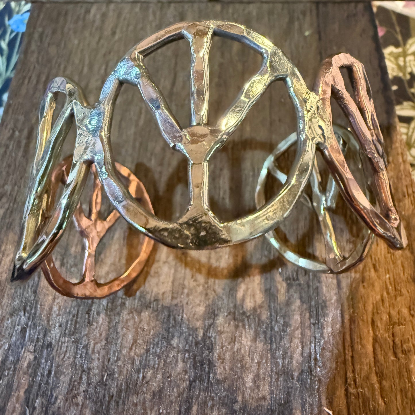 Woodstock Vibes Mixed Metal Peace Sign Bracelet Hammered Boho Cuff