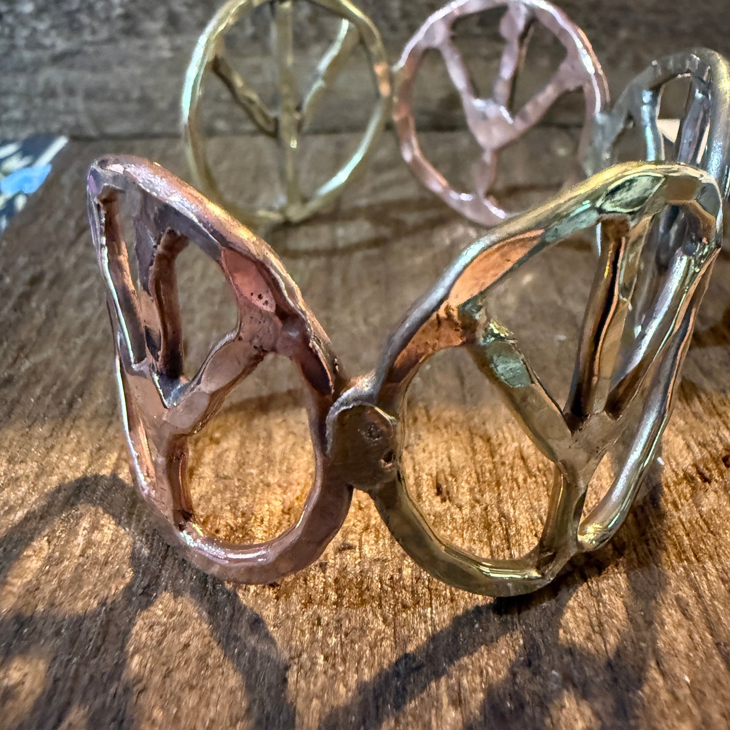 Woodstock Vibes Mixed Metal Peace Sign Bracelet Hammered Boho Cuff