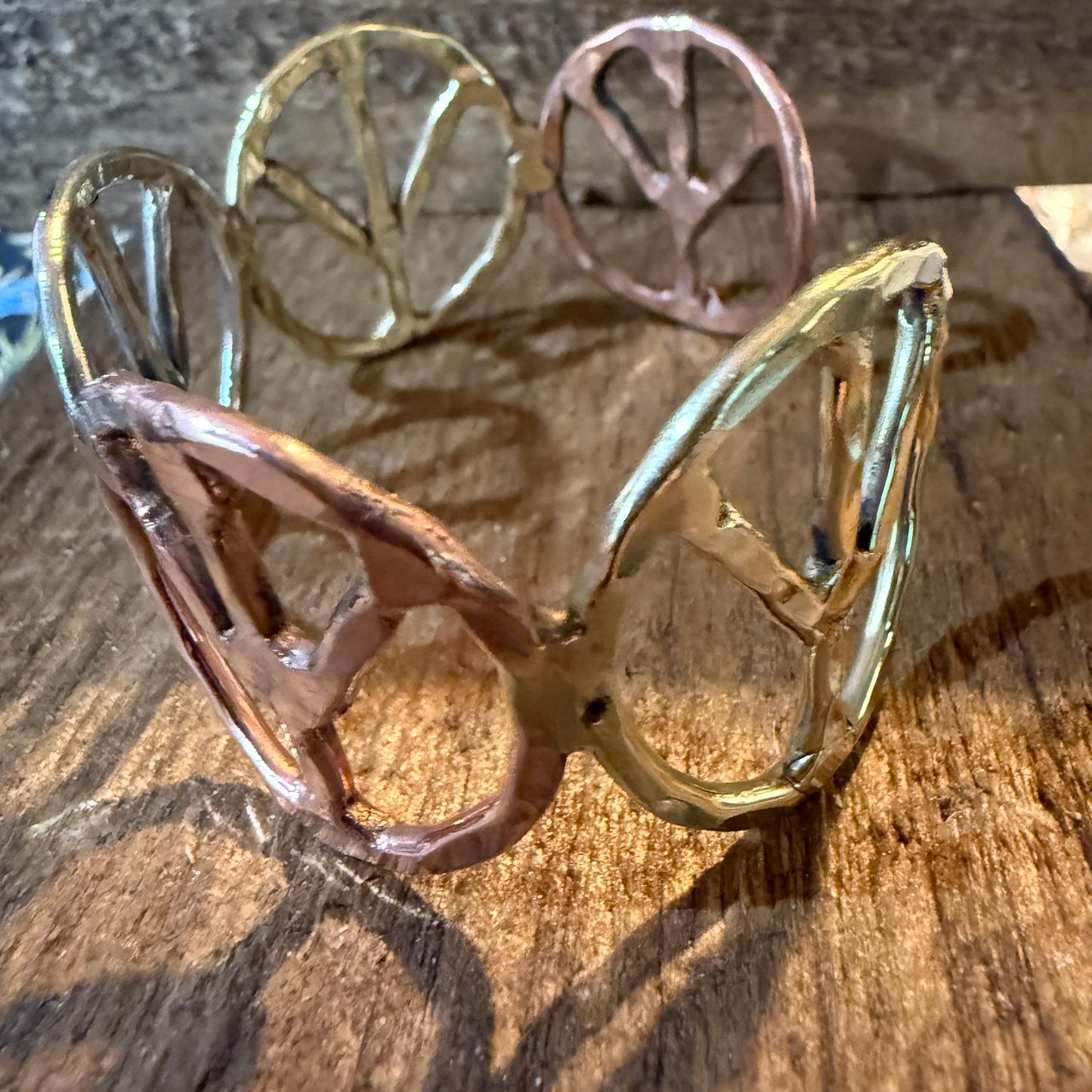 Woodstock Vibes Mixed Metal Peace Sign Bracelet Hammered Boho Cuff