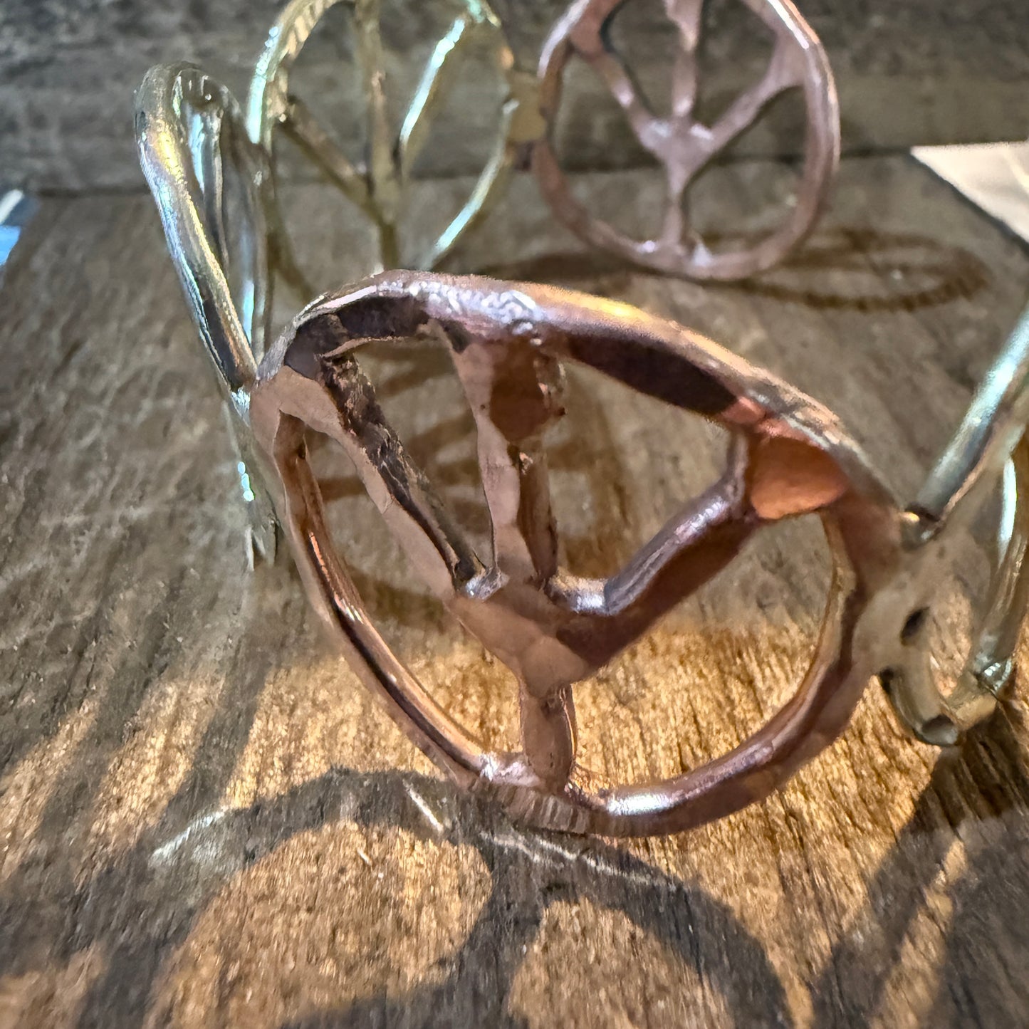 Woodstock Vibes Mixed Metal Peace Sign Bracelet Hammered Boho Cuff