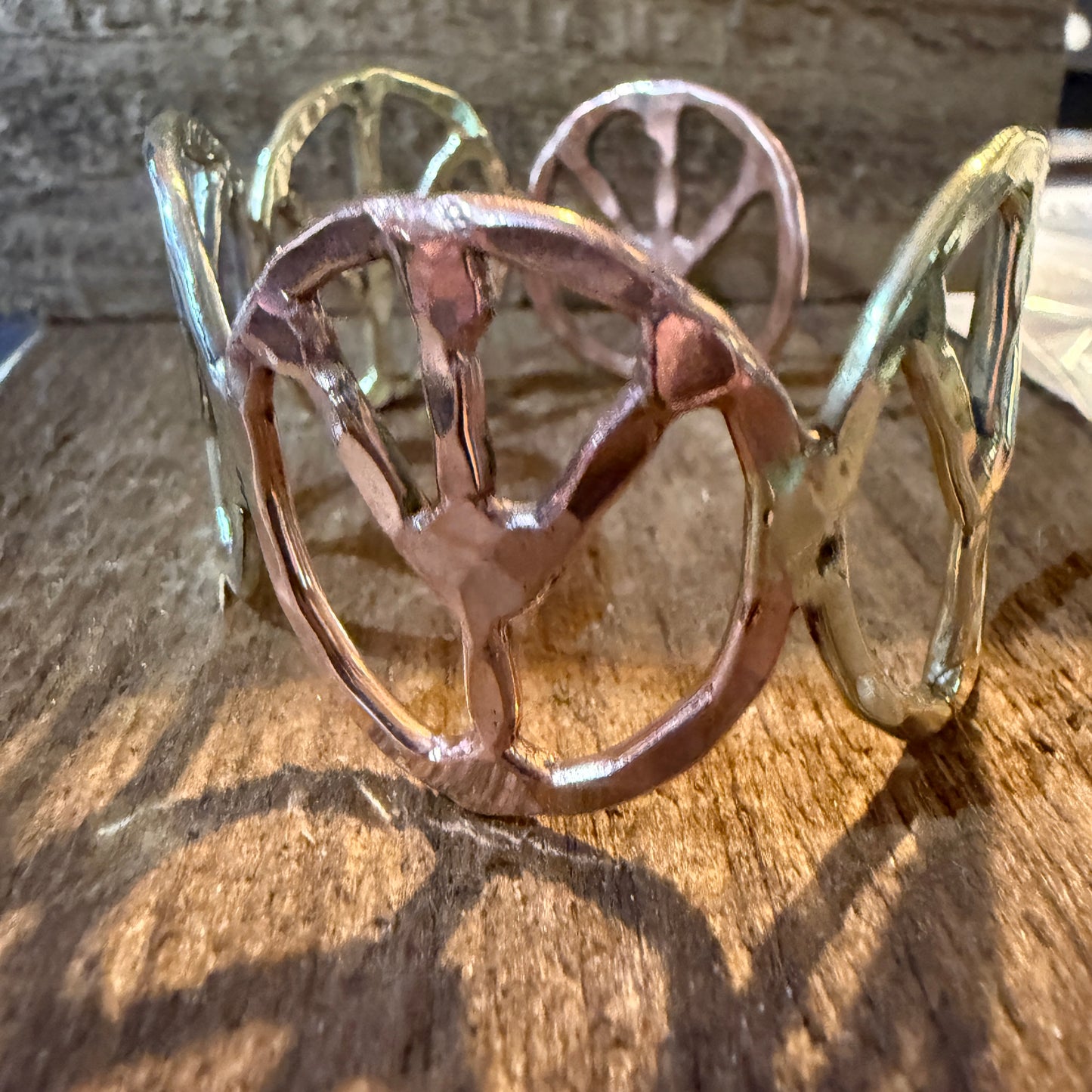 Woodstock Vibes Mixed Metal Peace Sign Bracelet Hammered Boho Cuff