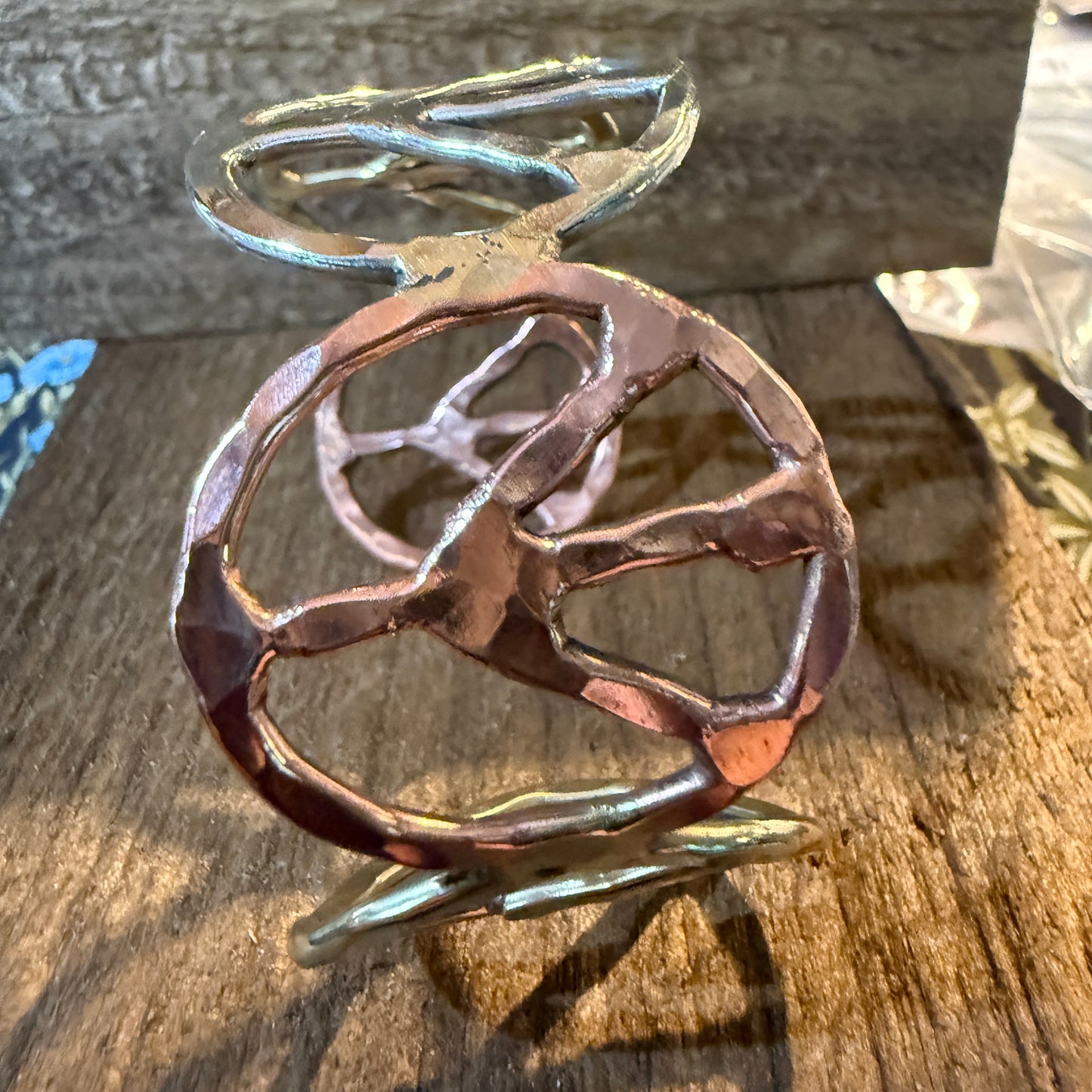 Woodstock Vibes Mixed Metal Peace Sign Bracelet Hammered Boho Cuff