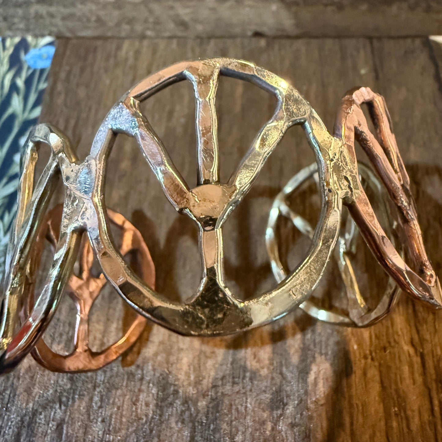 Woodstock Vibes Mixed Metal Peace Sign Bracelet Hammered Boho Cuff