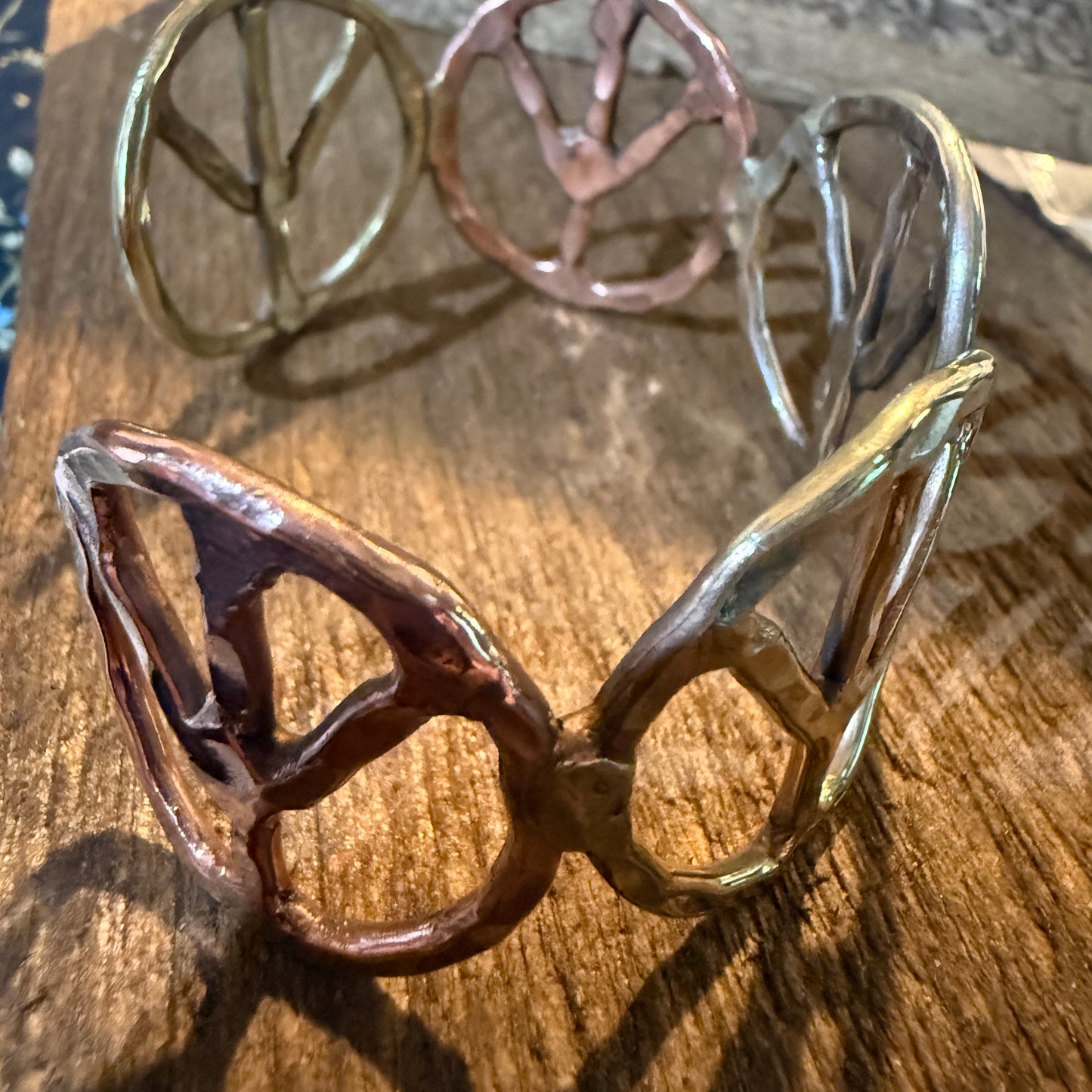 Woodstock Vibes Mixed Metal Peace Sign Bracelet Hammered Boho Cuff