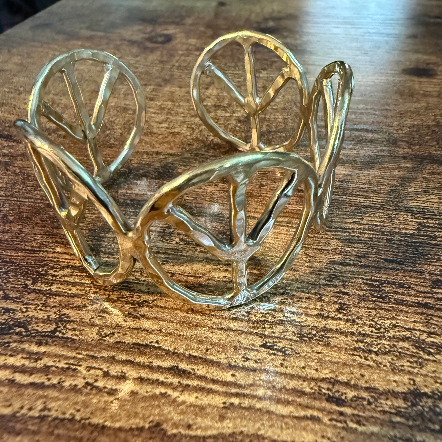 Woodstock Vibes Gold Peace Sign Hippie Bracelet Hammered Vintage Boho Cuff