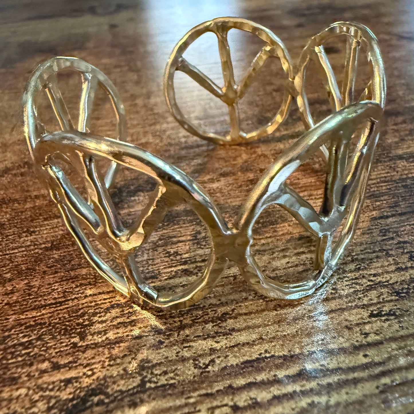 Woodstock Vibes Gold Peace Sign Hippie Bracelet Hammered Vintage Boho Cuff