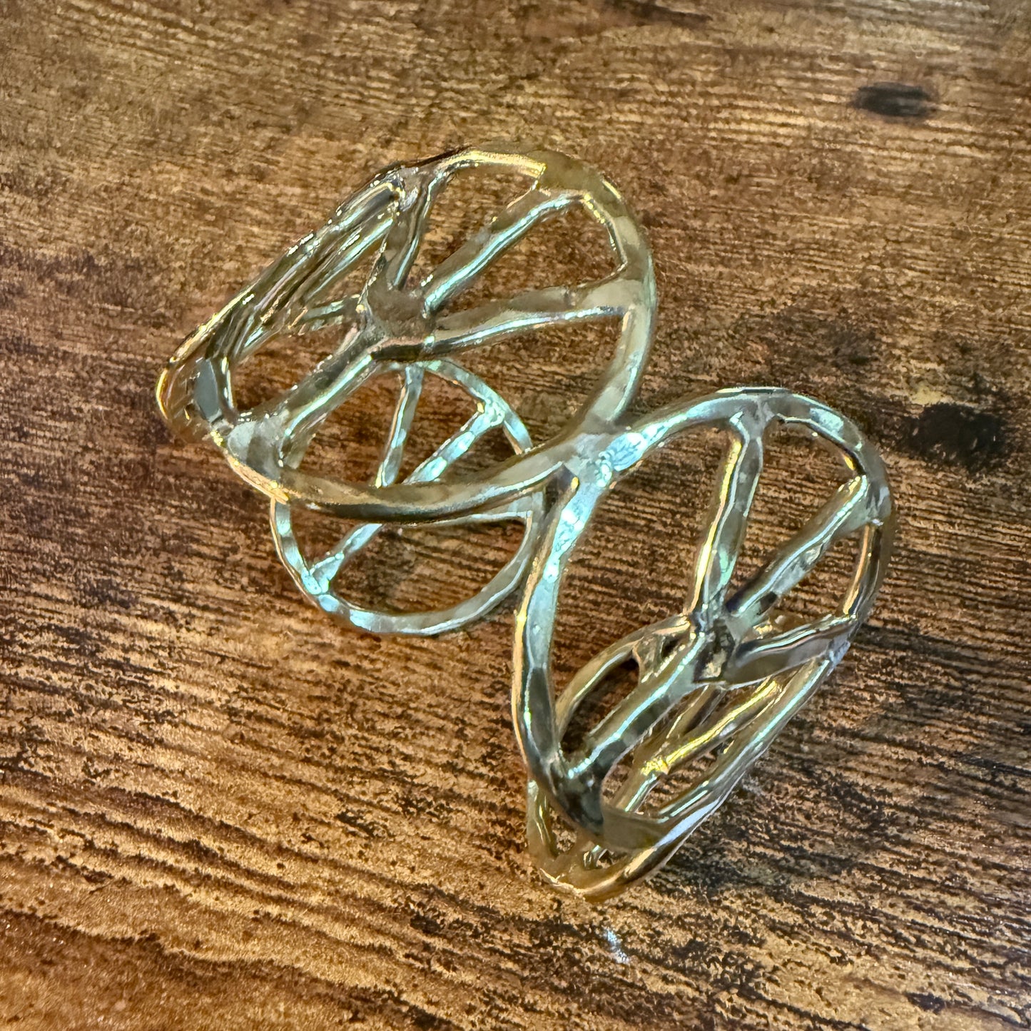 Woodstock Vibes Gold Peace Sign Hippie Bracelet Hammered Vintage Boho Cuff