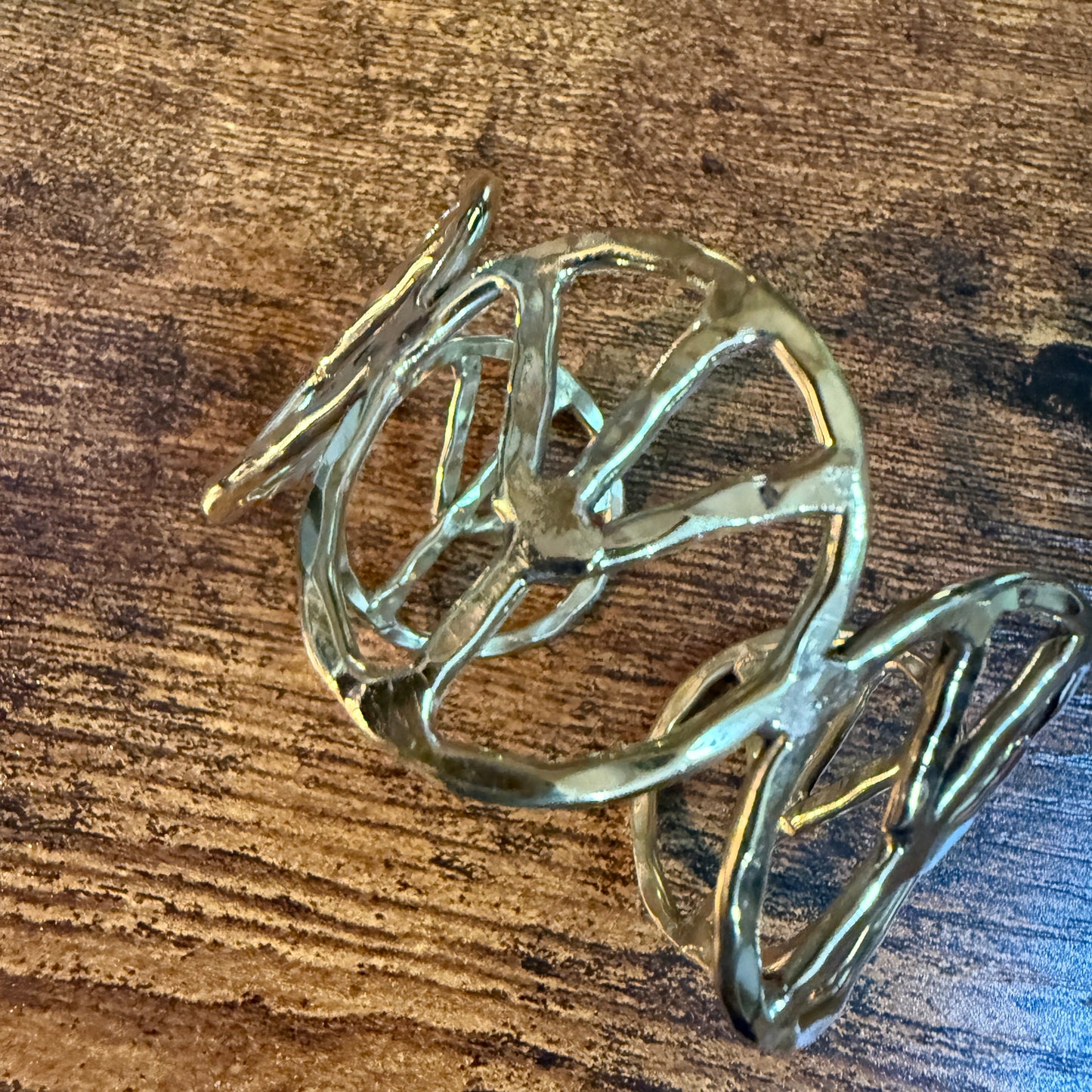 Woodstock Vibes Gold Peace Sign Hippie Bracelet Hammered Vintage Boho Cuff