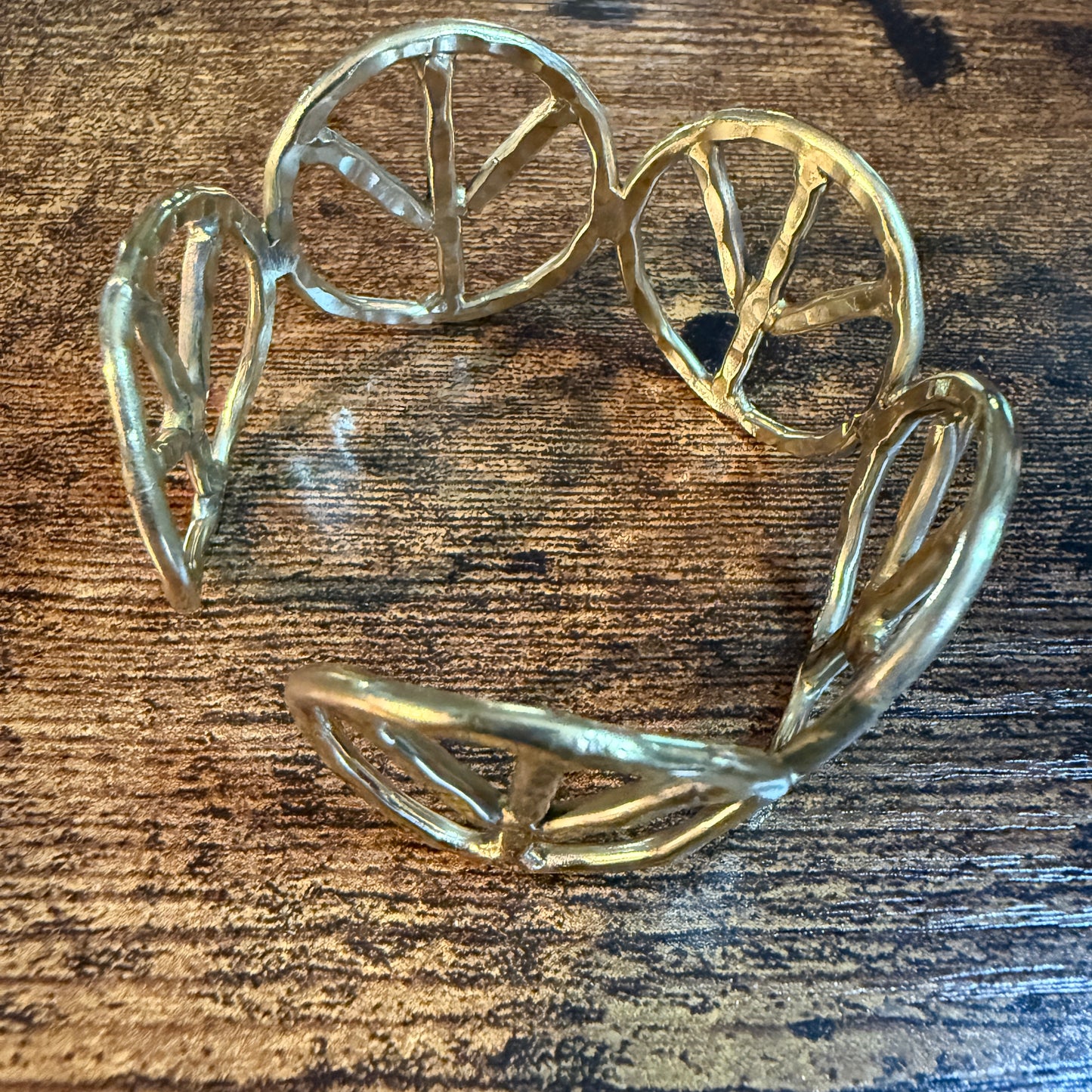 Woodstock Vibes Gold Peace Sign Hippie Bracelet Hammered Vintage Boho Cuff