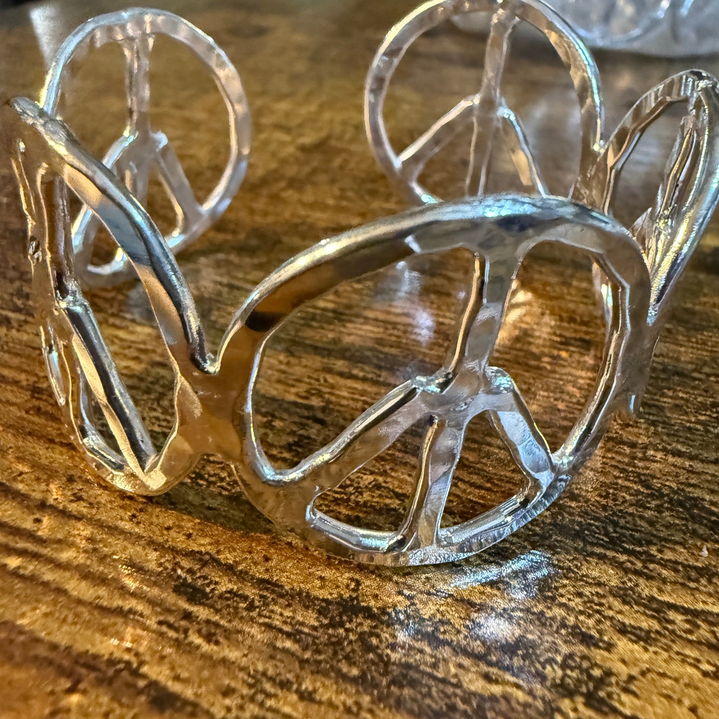 Woodstock Vibes Gold Peace Sign Hippie Bracelet Hammered Vintage Boho Cuff