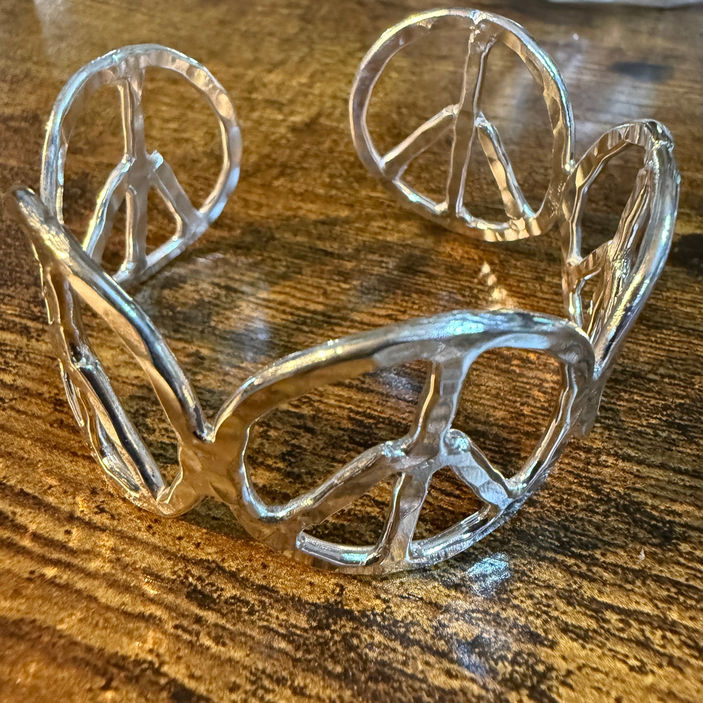 Woodstock Vibes Gold Peace Sign Hippie Bracelet Hammered Vintage Boho Cuff