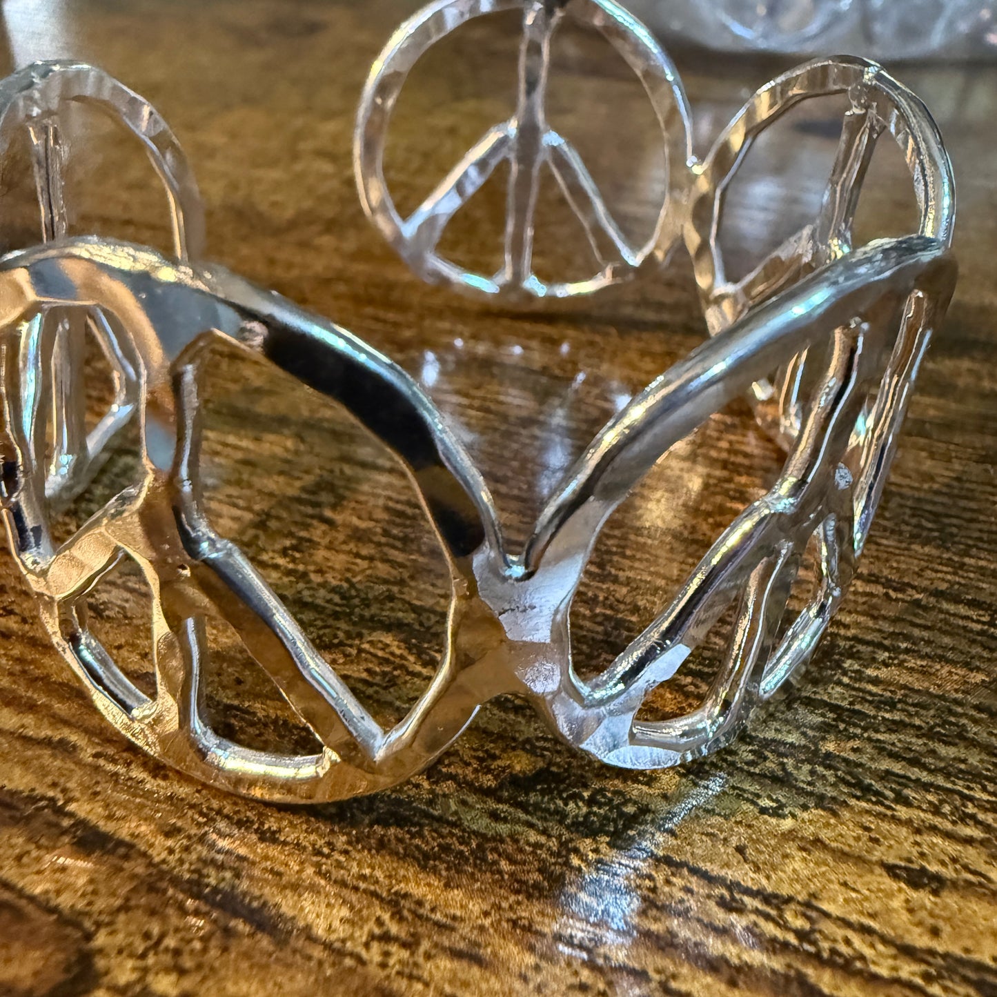 Silver Hammered Peace Sign Hippie Cuff Bracelet Boho Woodstock Vibes