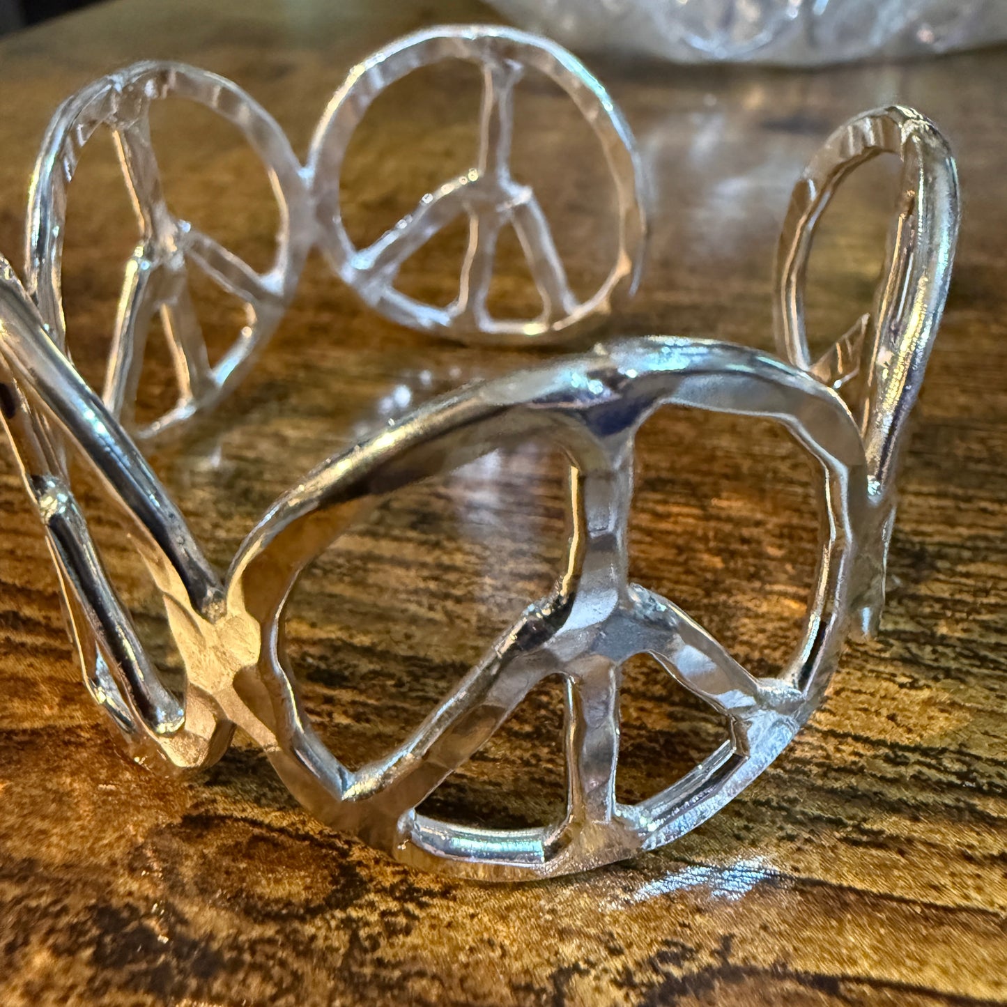 Silver Hammered Peace Sign Hippie Cuff Bracelet Boho Woodstock Vibes