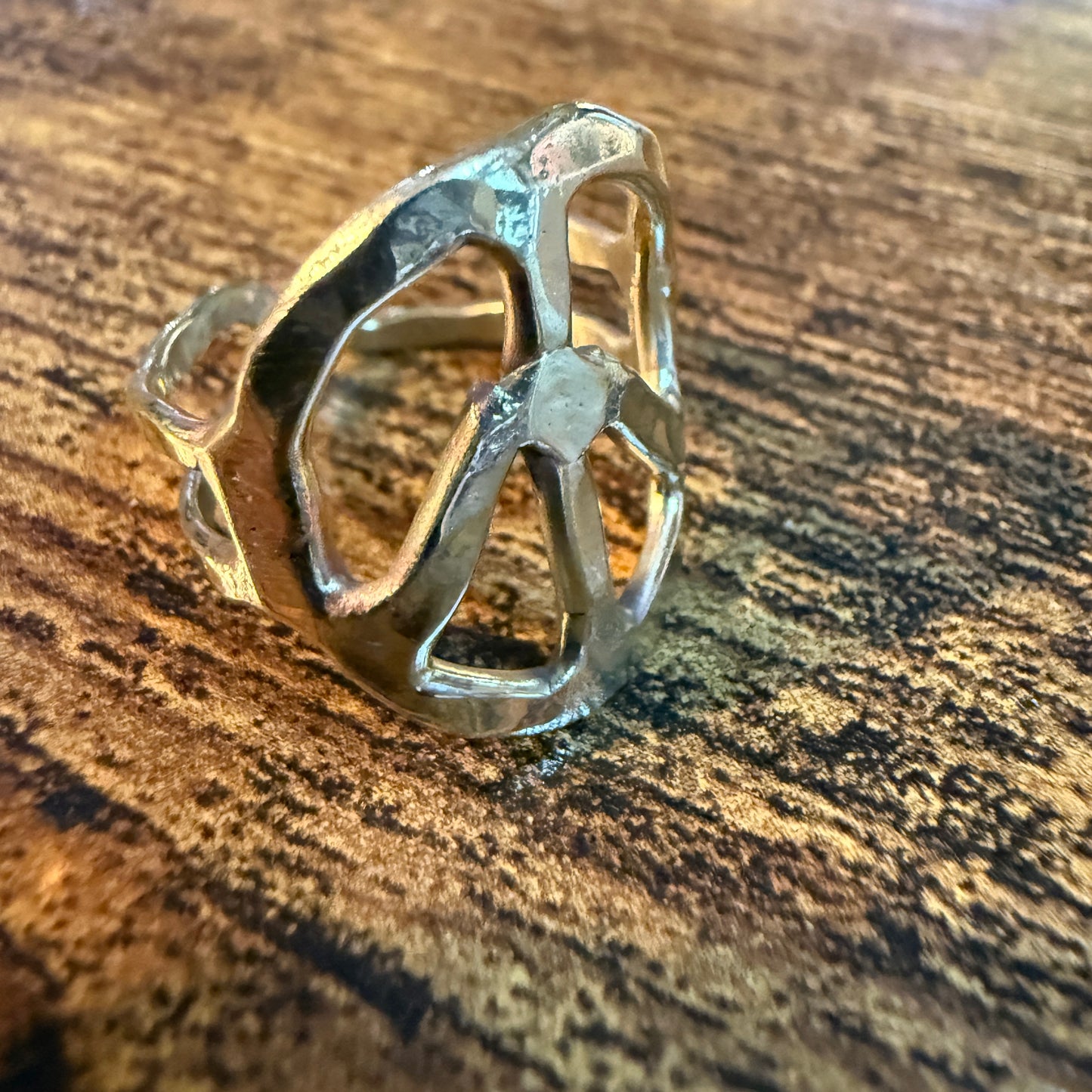 Gold Hammered Peace Sign Hippie Ring Boho Vintage Style Adjustable