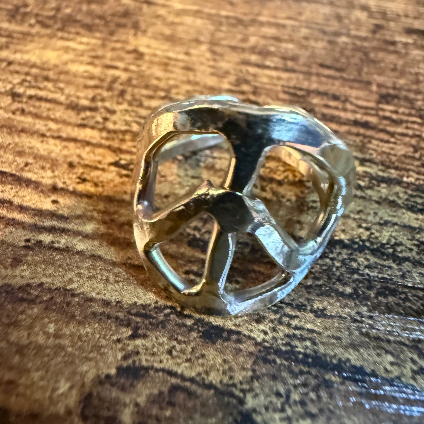 Gold Hammered Peace Sign Hippie Ring Boho Vintage Style Adjustable