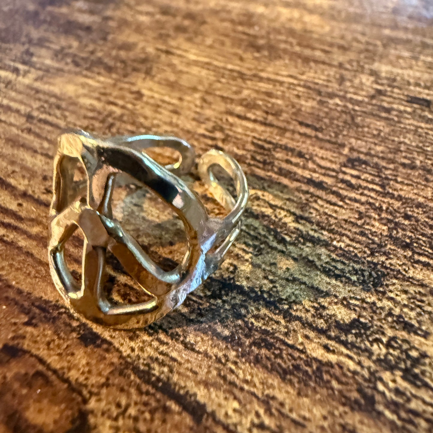 Gold Hammered Peace Sign Hippie Ring Boho Vintage Style Adjustable
