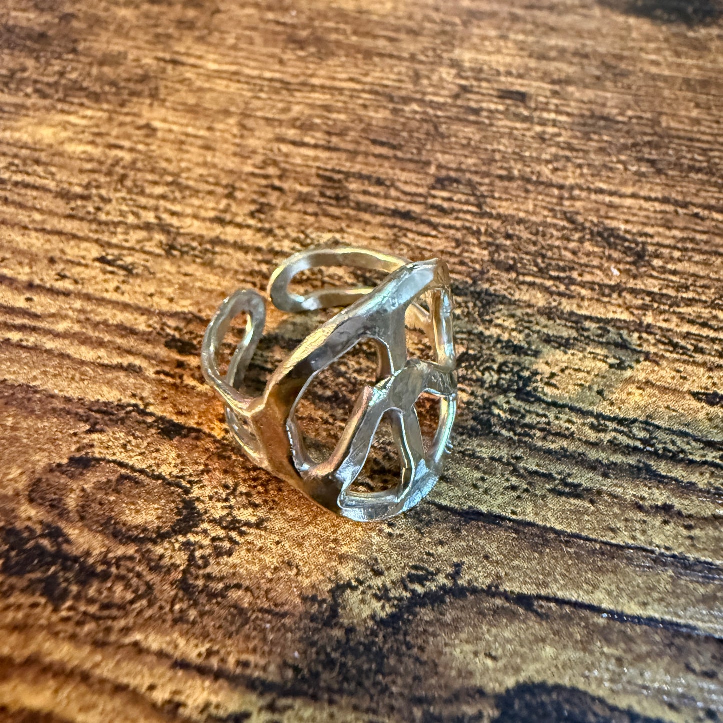 Gold Hammered Peace Sign Hippie Ring Boho Vintage Style Adjustable