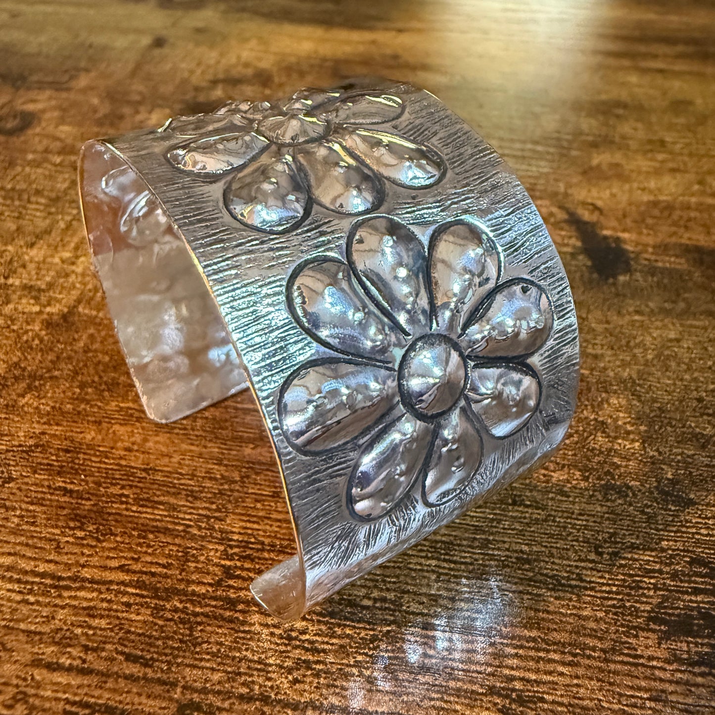Southwest Flower Cuff Silver Bracelet Boho Wide Embossed Design