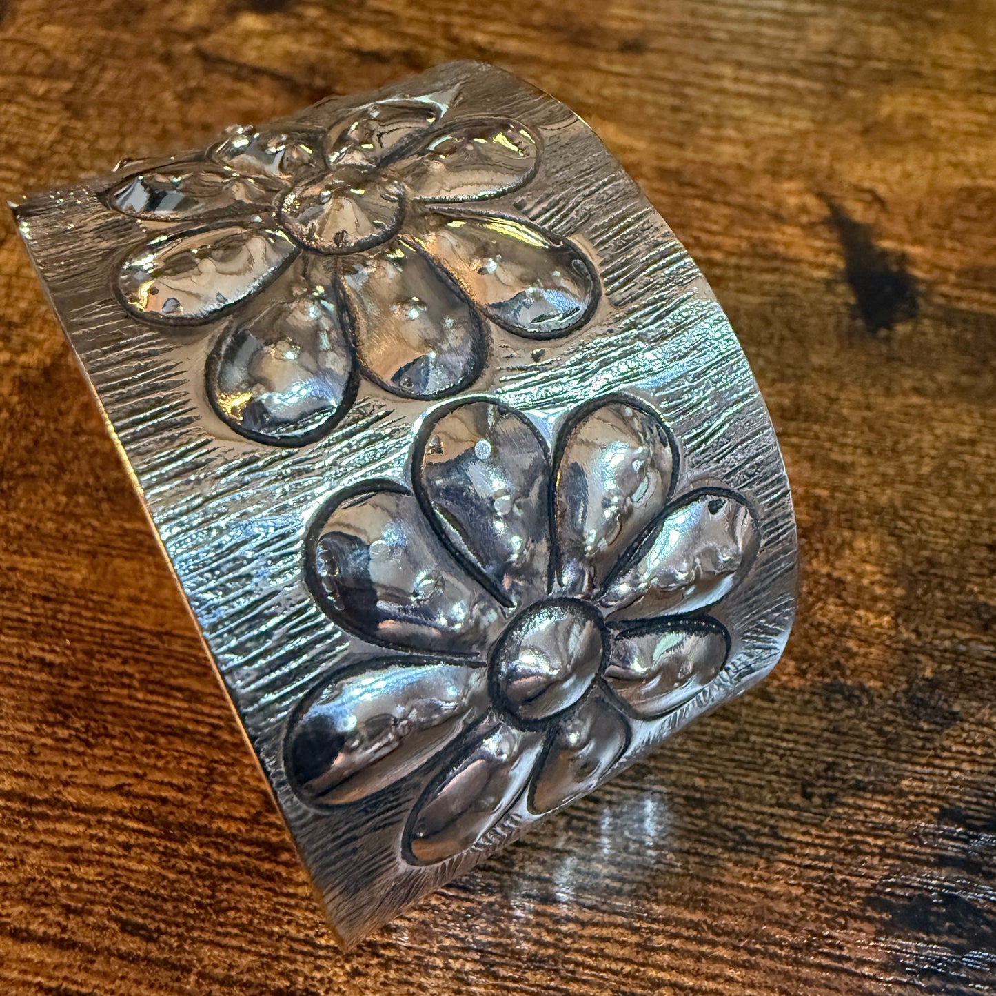 Southwest Flower Cuff Silver Bracelet Boho Wide Embossed Design