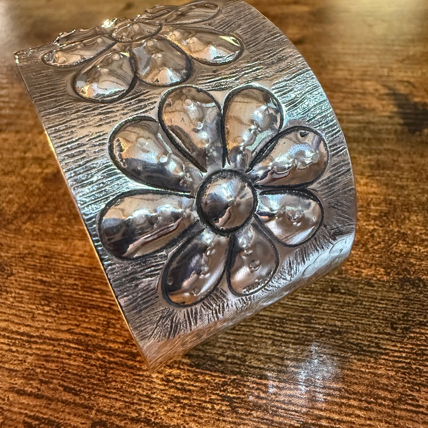 Southwest Flower Cuff Silver Bracelet Boho Wide Embossed Design