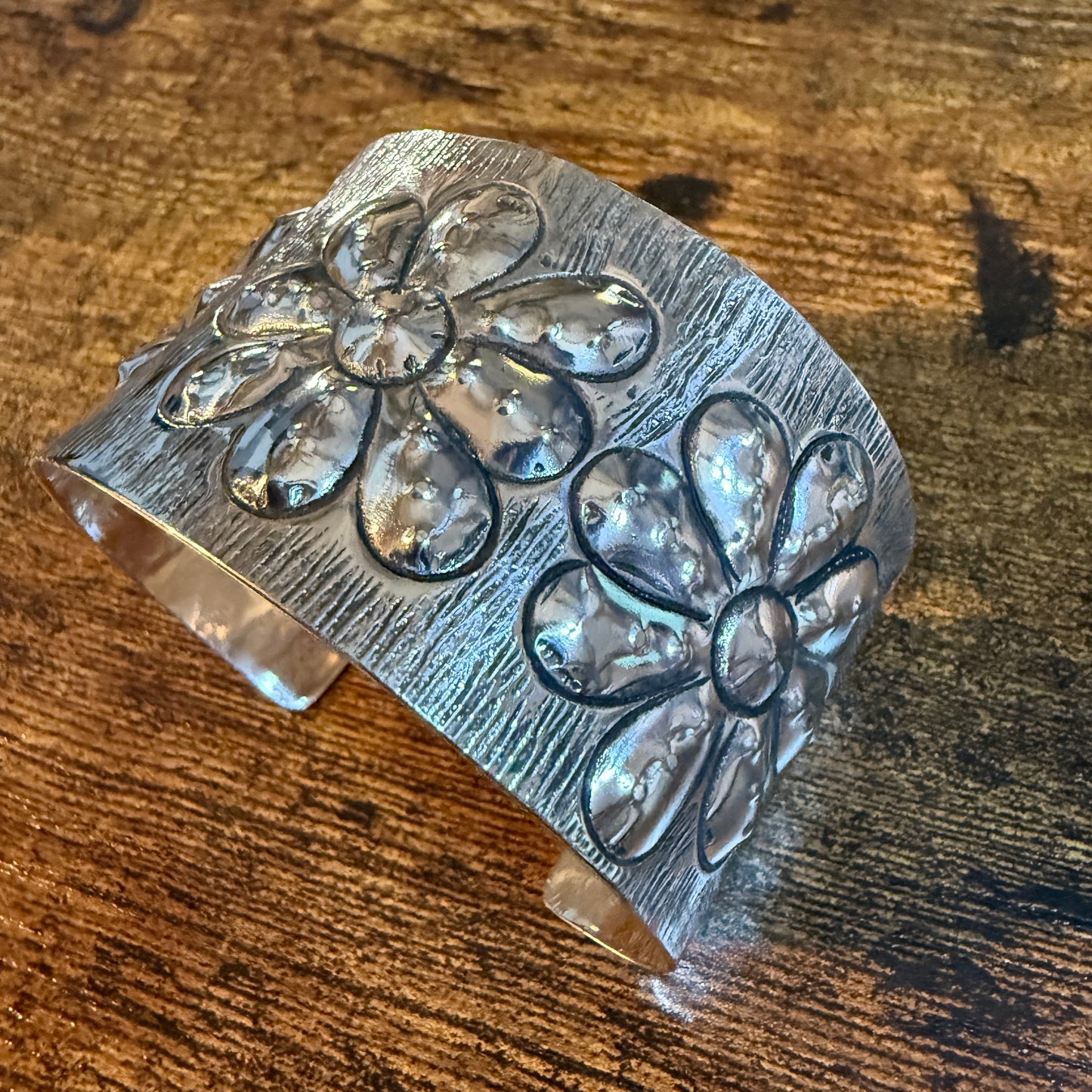 Southwest Flower Cuff Silver Bracelet Boho Wide Embossed Design