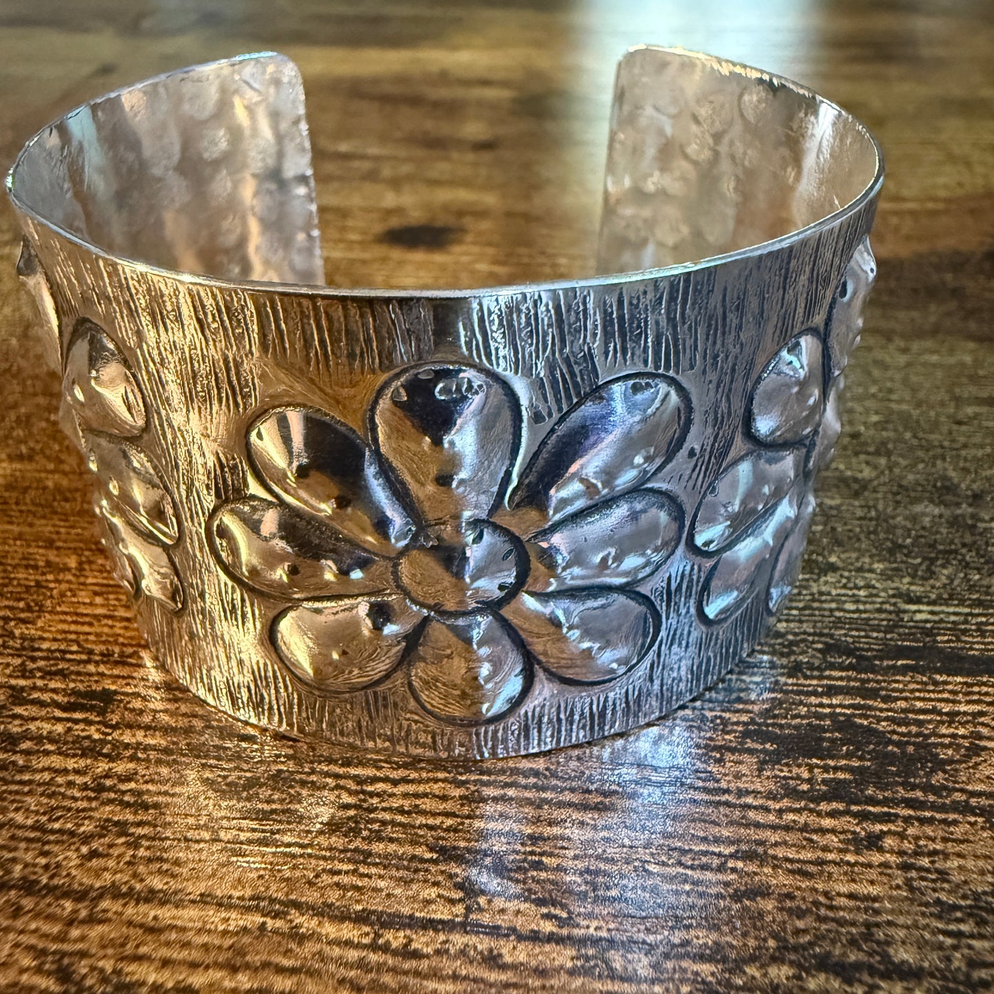 Southwest Flower Cuff Silver Bracelet Boho Wide Embossed Design