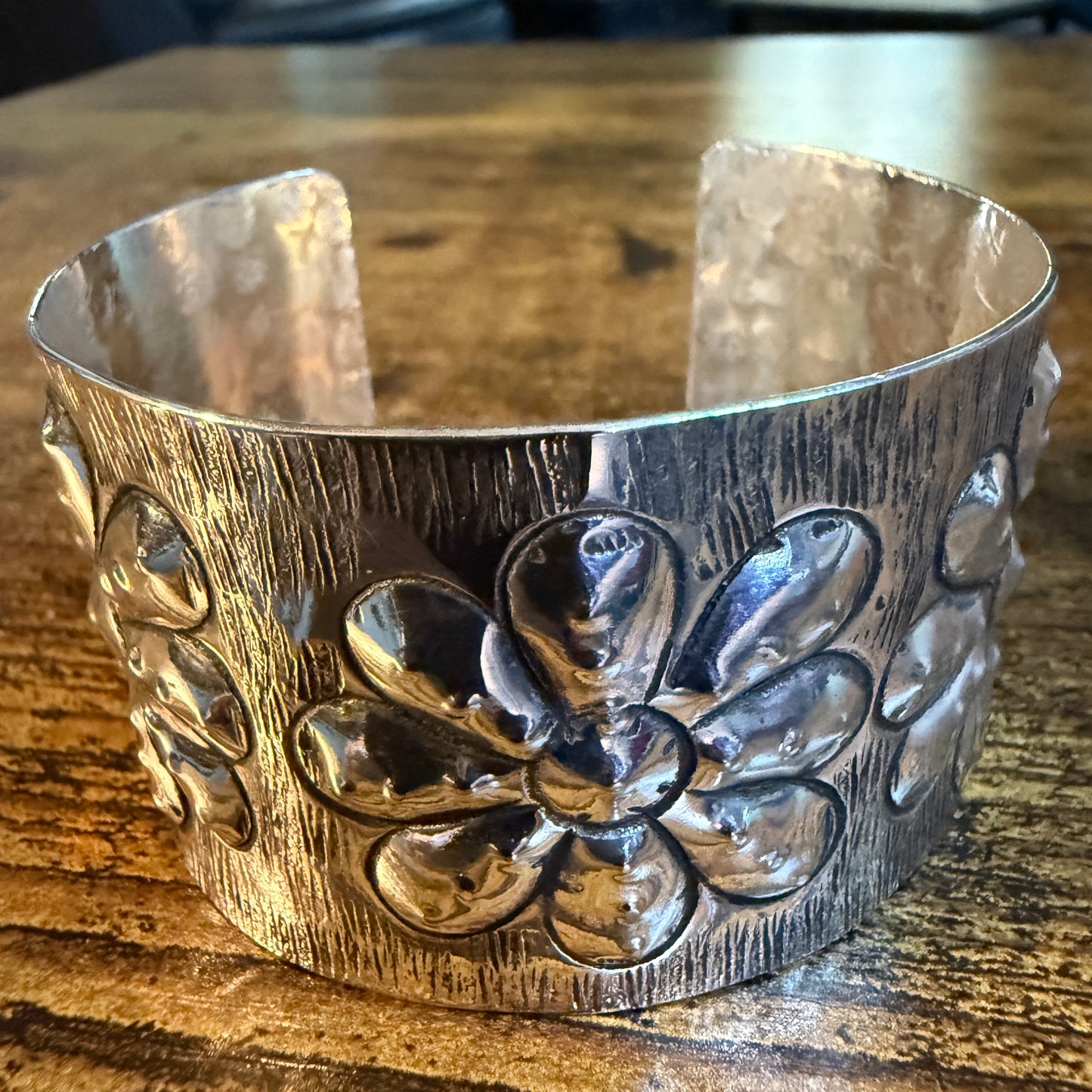 Southwest Flower Cuff Silver Bracelet Boho Wide Embossed Design