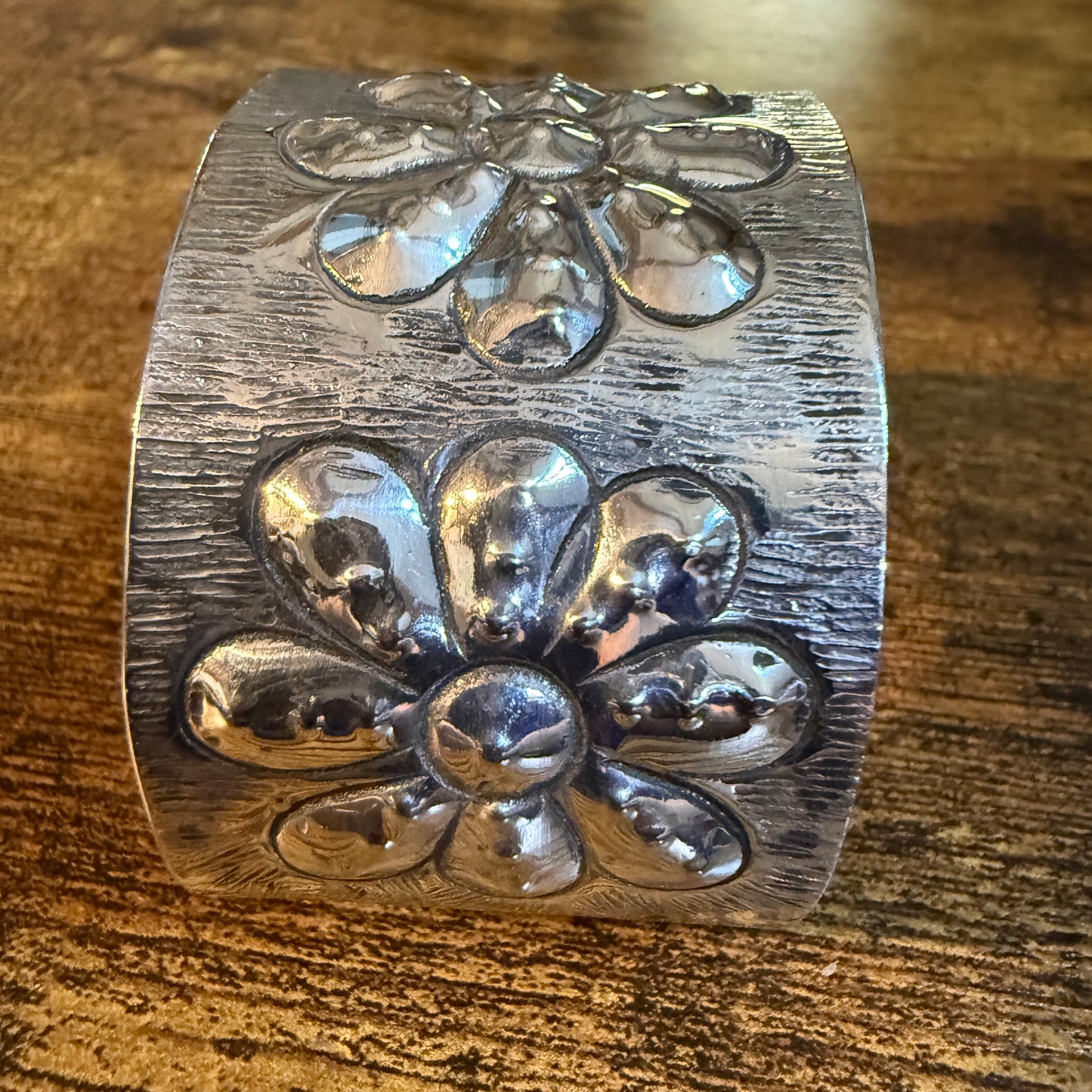 Southwest Flower Cuff Silver Bracelet Boho Wide Embossed Design