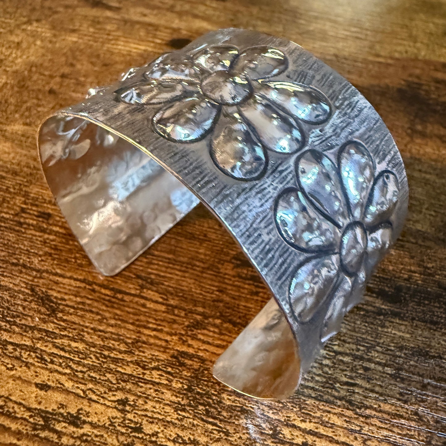 Southwest Flower Cuff Silver Bracelet Boho Wide Embossed Design