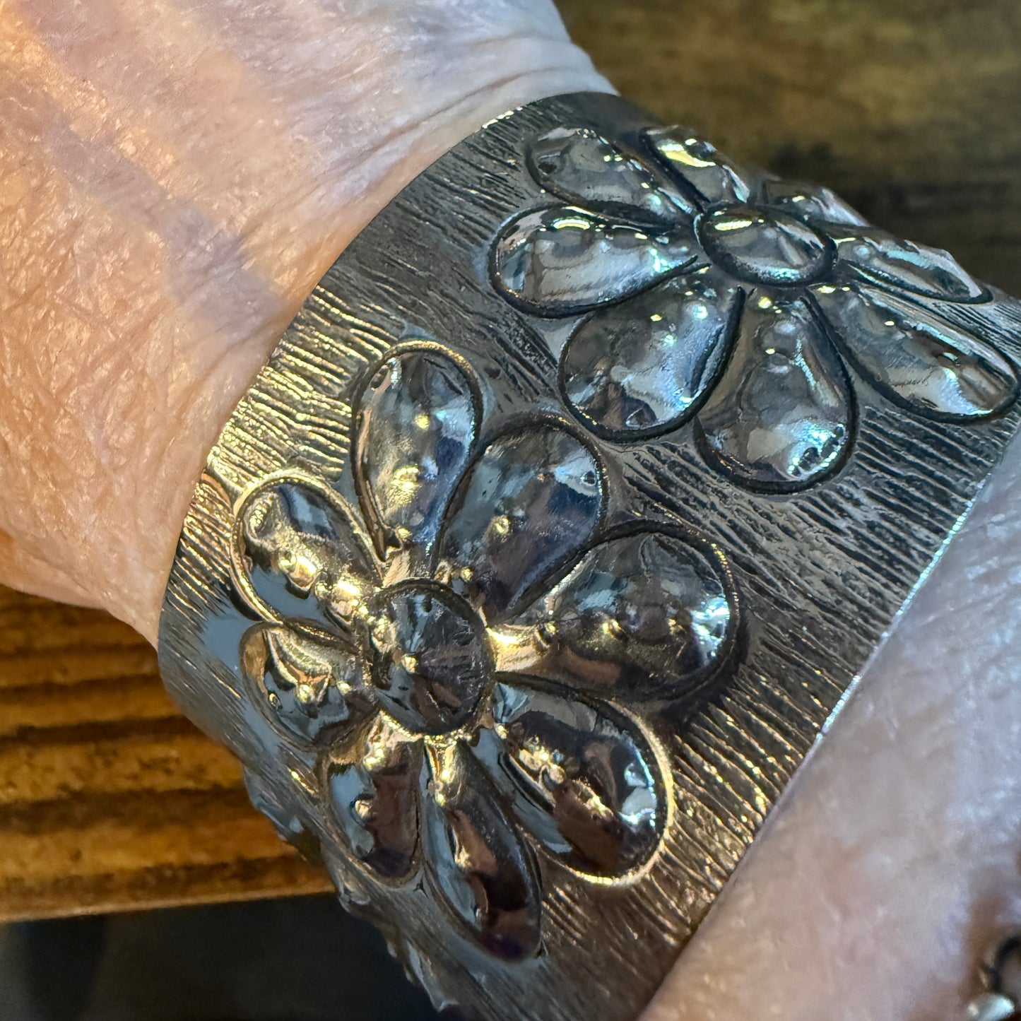Southwest Flower Cuff Silver Bracelet Boho Wide Embossed Design