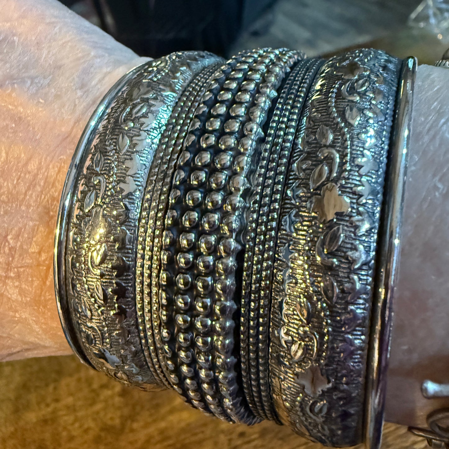 Handmade Silver Embossed Floral Cuff Bracelet Boho Gypsy Style