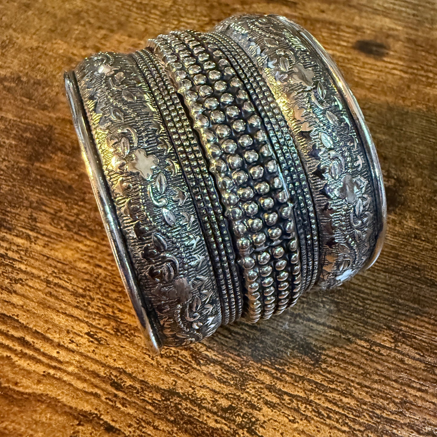 Handmade Silver Embossed Floral Cuff Bracelet Boho Gypsy Style
