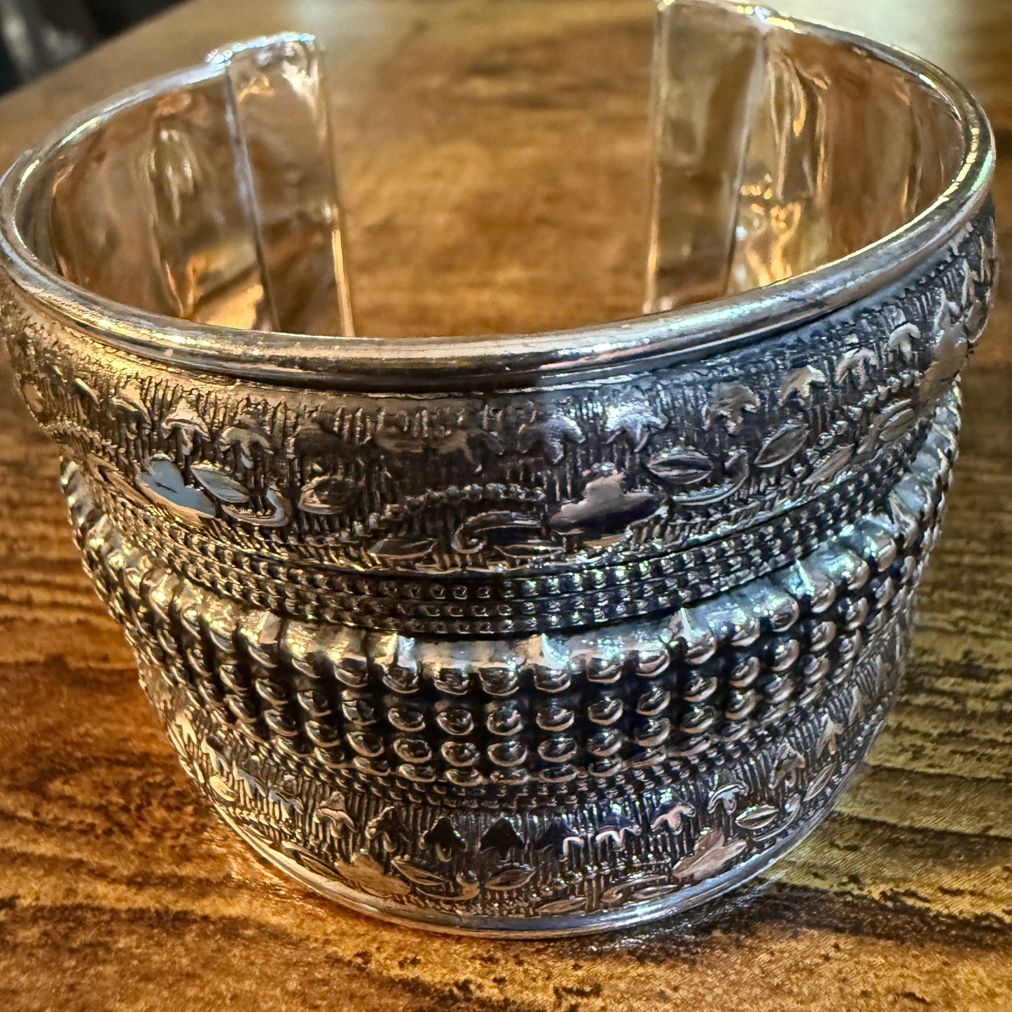 Handmade Silver Embossed Floral Cuff Bracelet Boho Gypsy Style