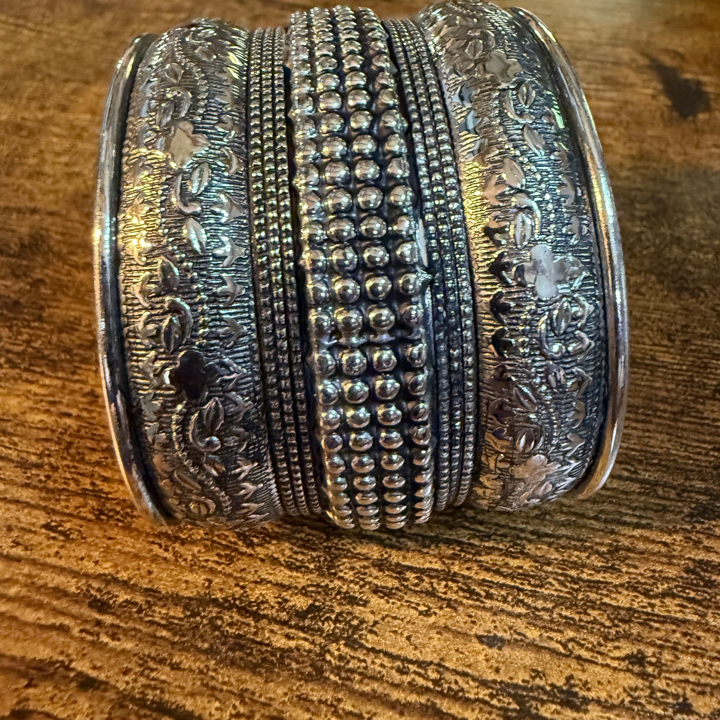 Handmade Silver Embossed Floral Cuff Bracelet Boho Gypsy Style