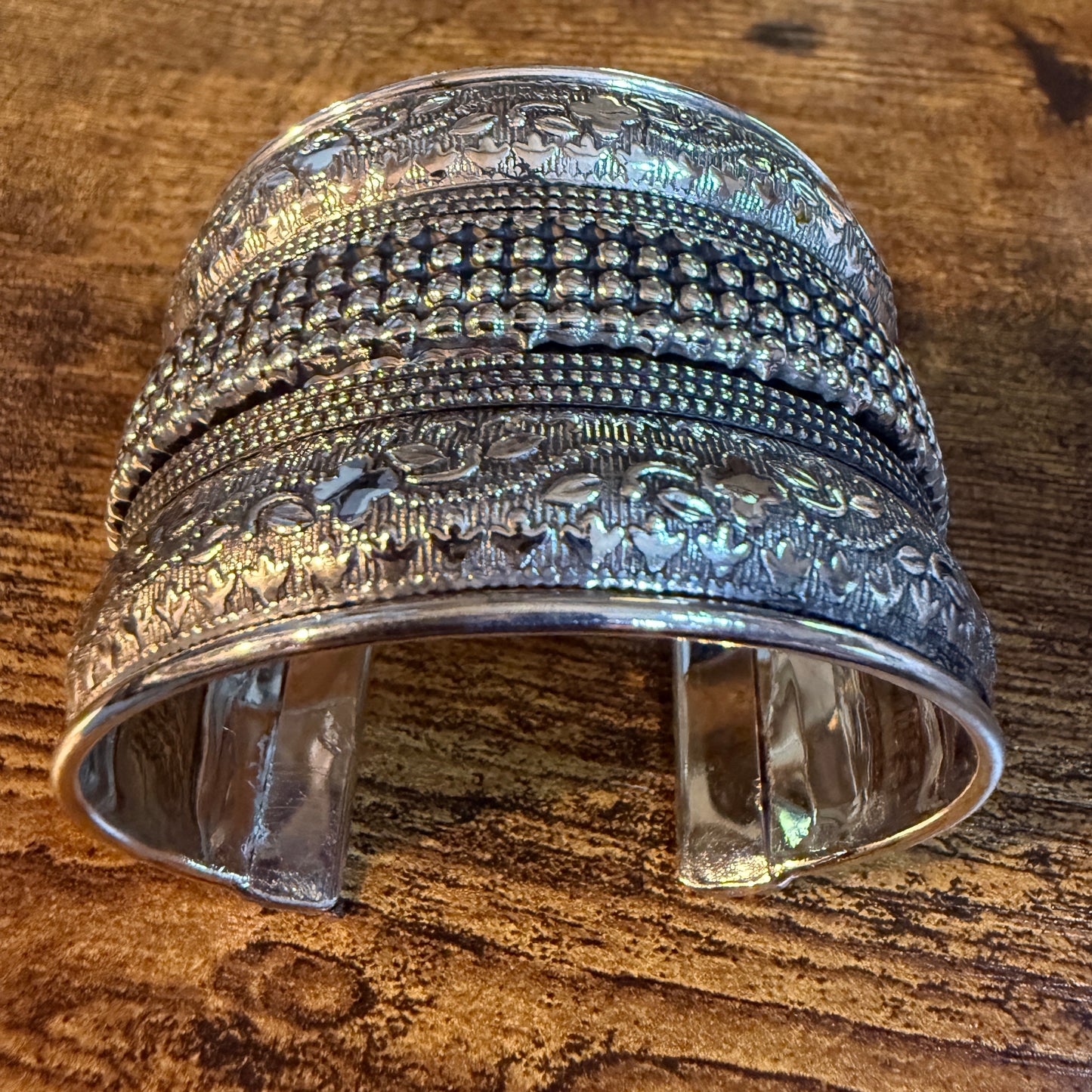Handmade Silver Embossed Floral Cuff Bracelet Boho Gypsy Style
