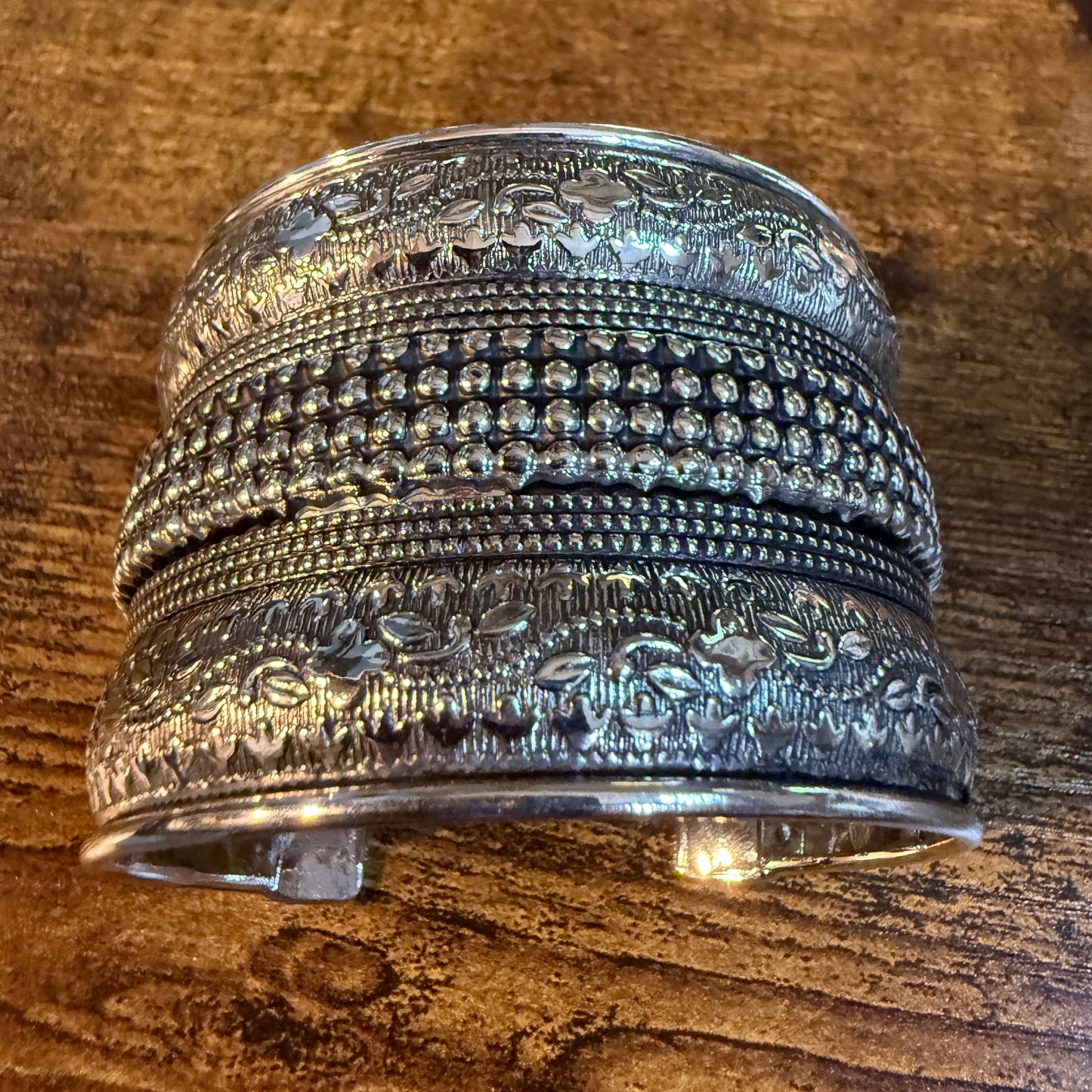 Handmade Silver Embossed Floral Cuff Bracelet Boho Gypsy Style