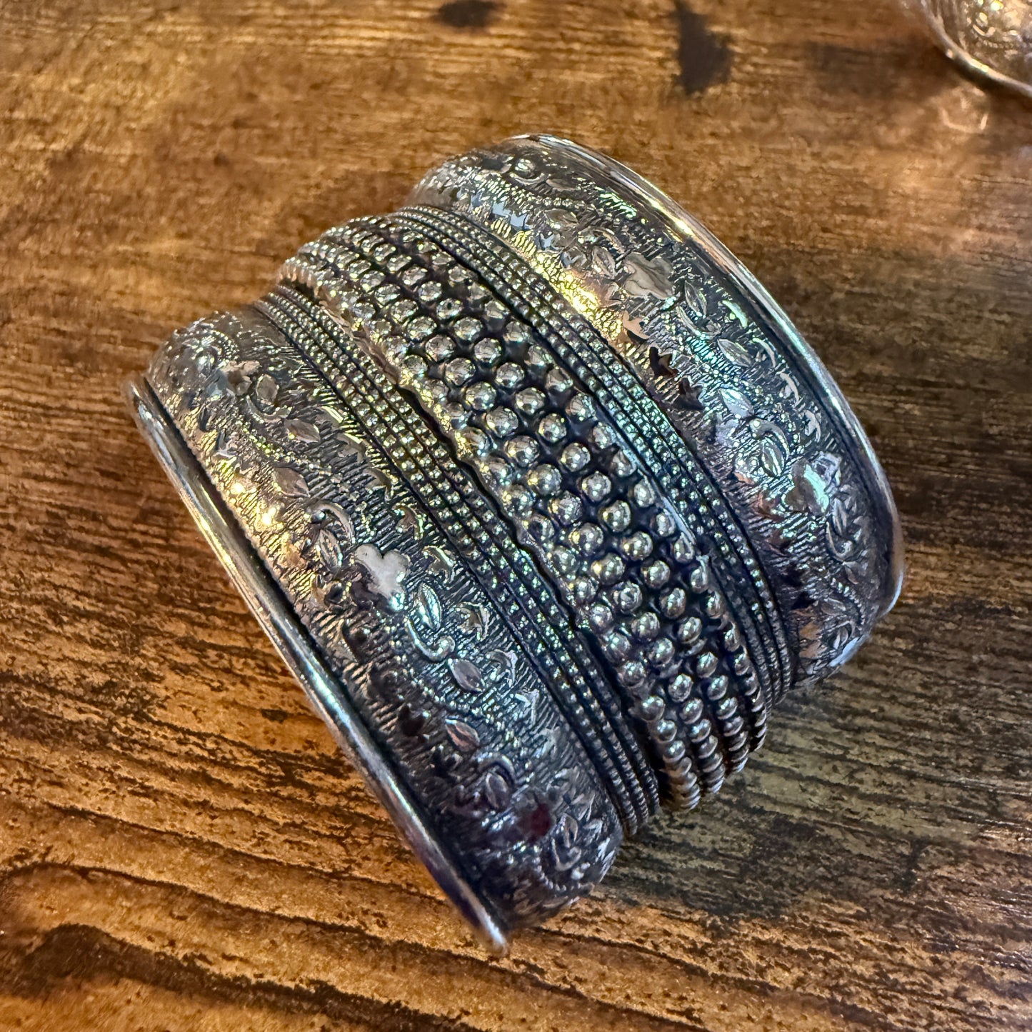 Handmade Silver Embossed Floral Cuff Bracelet Boho Gypsy Style