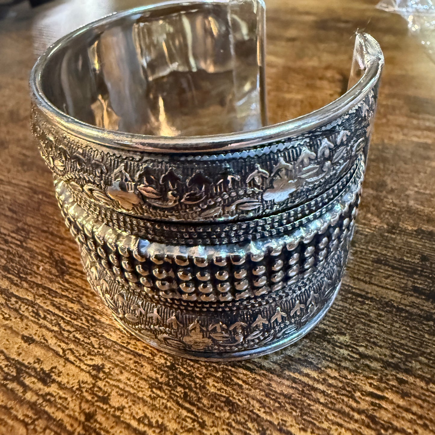 Handmade Silver Embossed Floral Cuff Bracelet Boho Gypsy Style