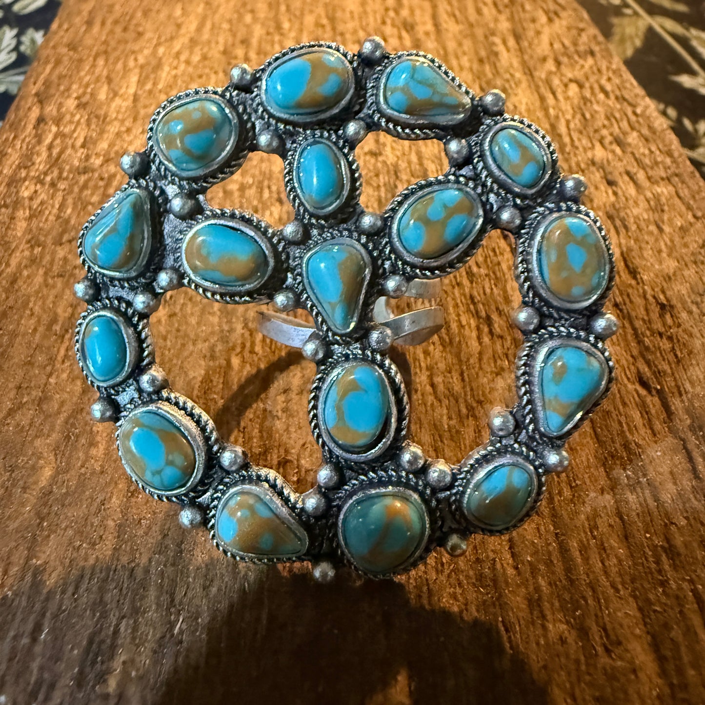Hippie Peace Ring Faux Turquoise Peace Sign Ring With Silver Metal