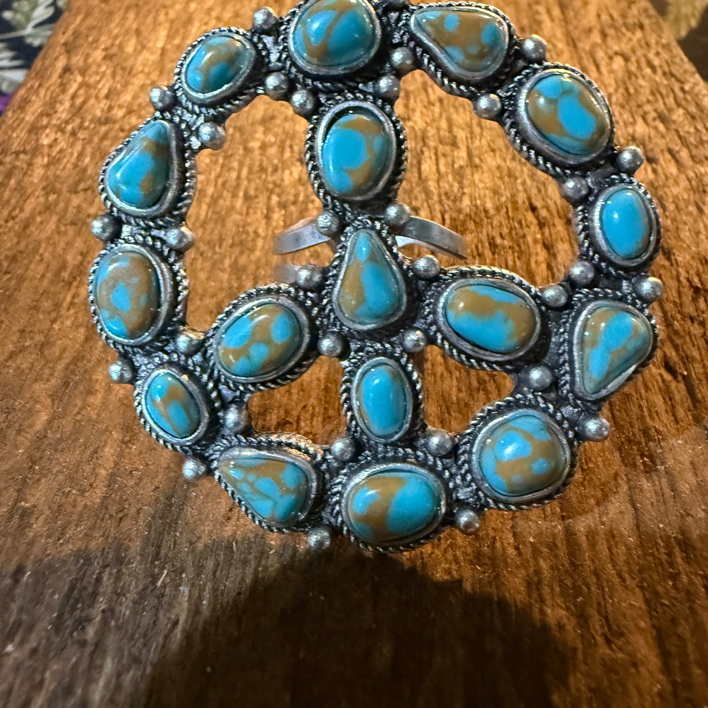Hippie Peace Ring Faux Turquoise Peace Sign Ring With Silver Metal