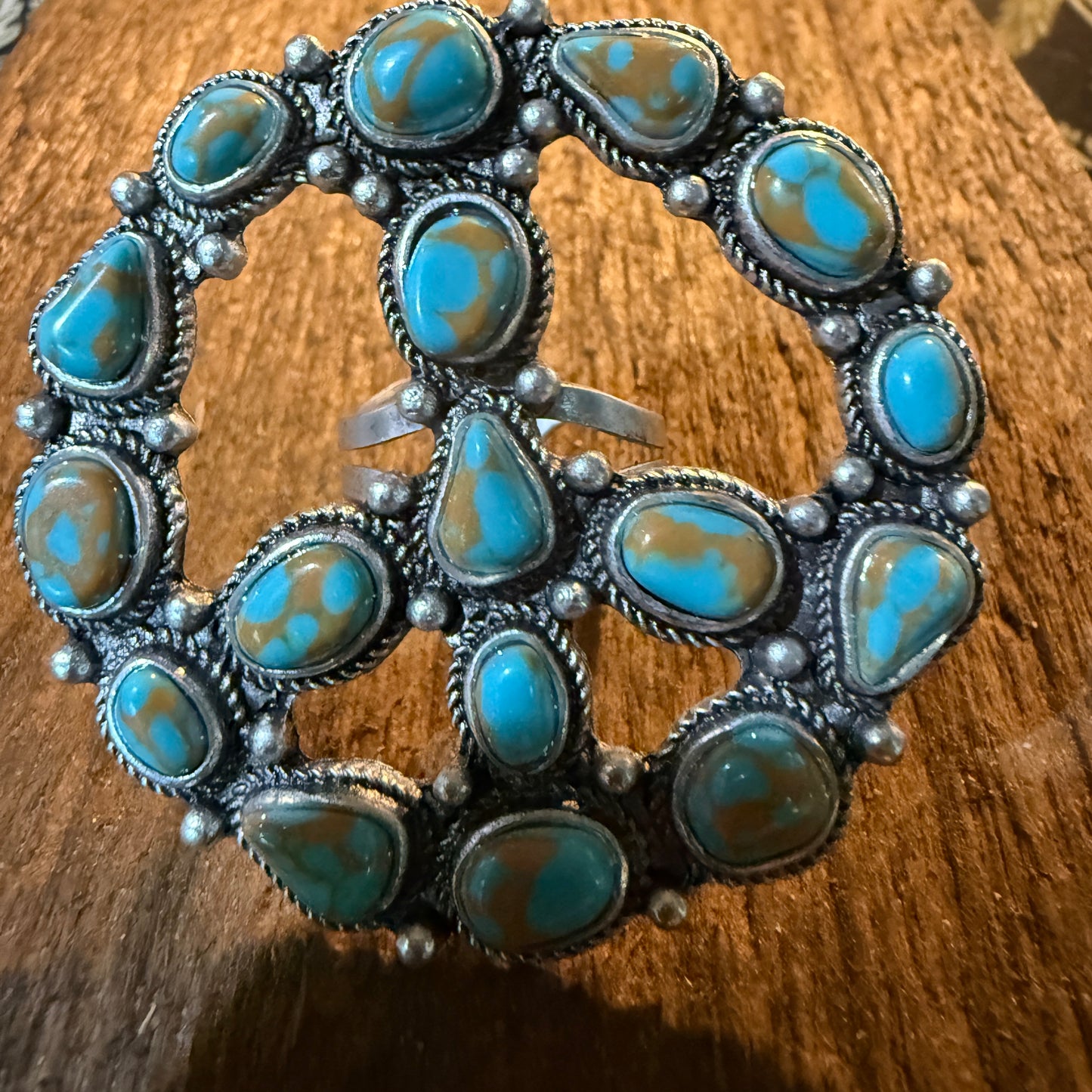Hippie Peace Ring Faux Turquoise Peace Sign Ring With Silver Metal