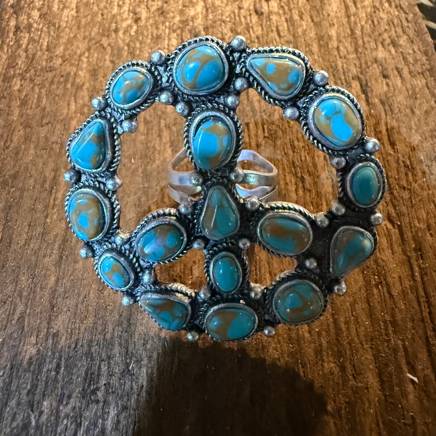 Hippie Peace Ring Faux Turquoise Peace Sign Ring With Silver Metal