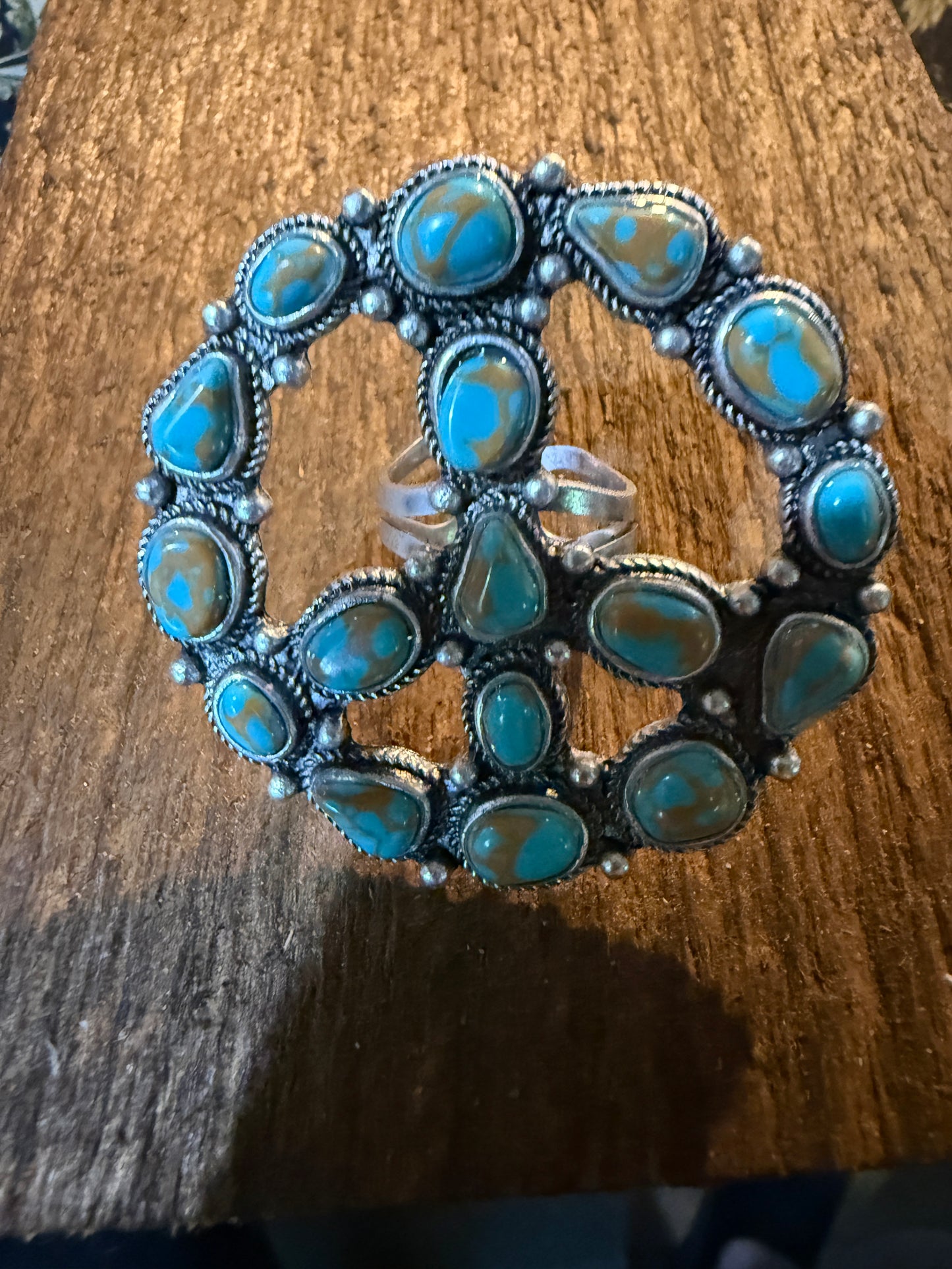 Hippie Peace Ring Faux Turquoise Peace Sign Ring With Silver Metal