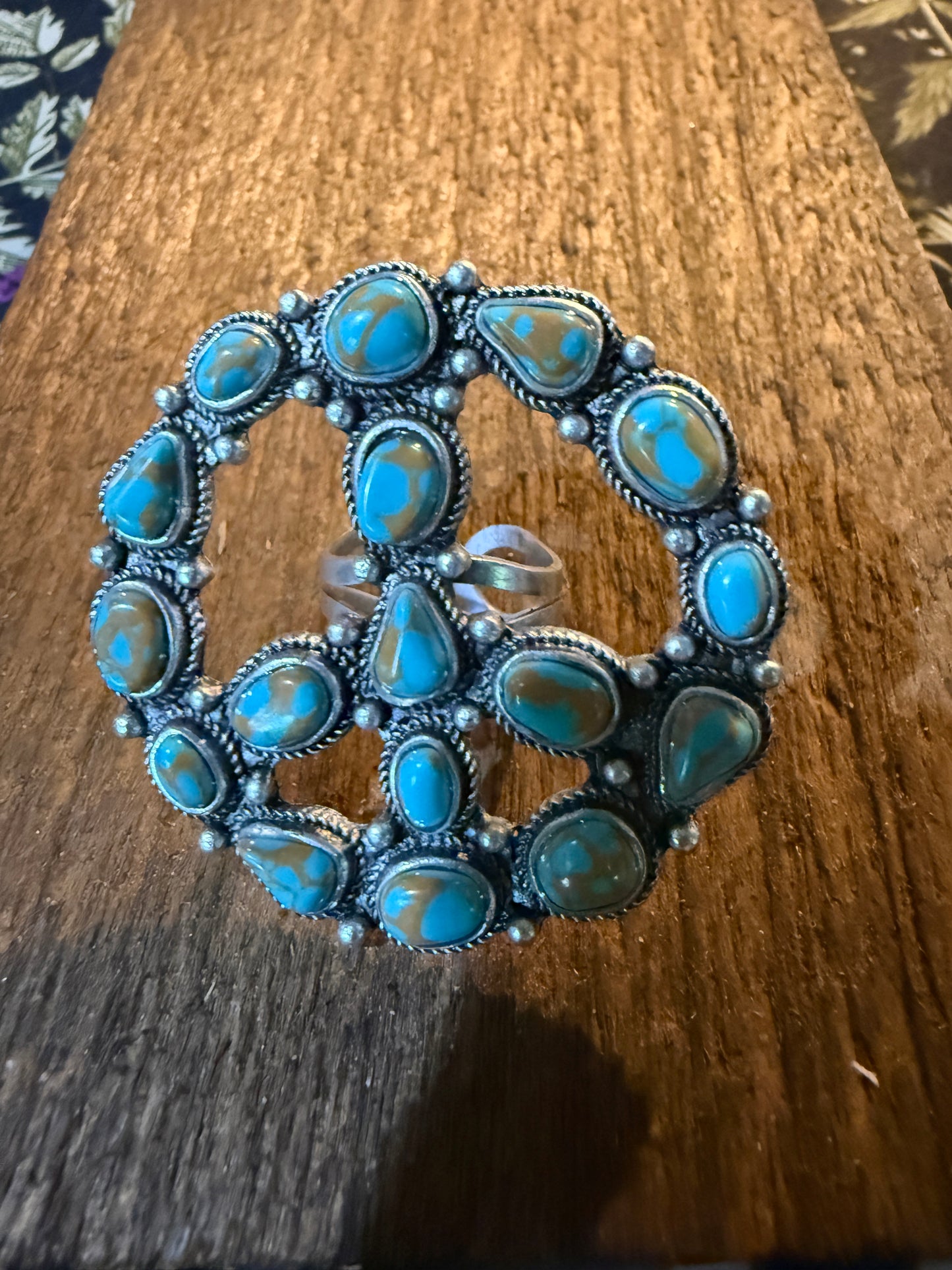 Hippie Peace Ring Faux Turquoise Peace Sign Ring With Silver Metal