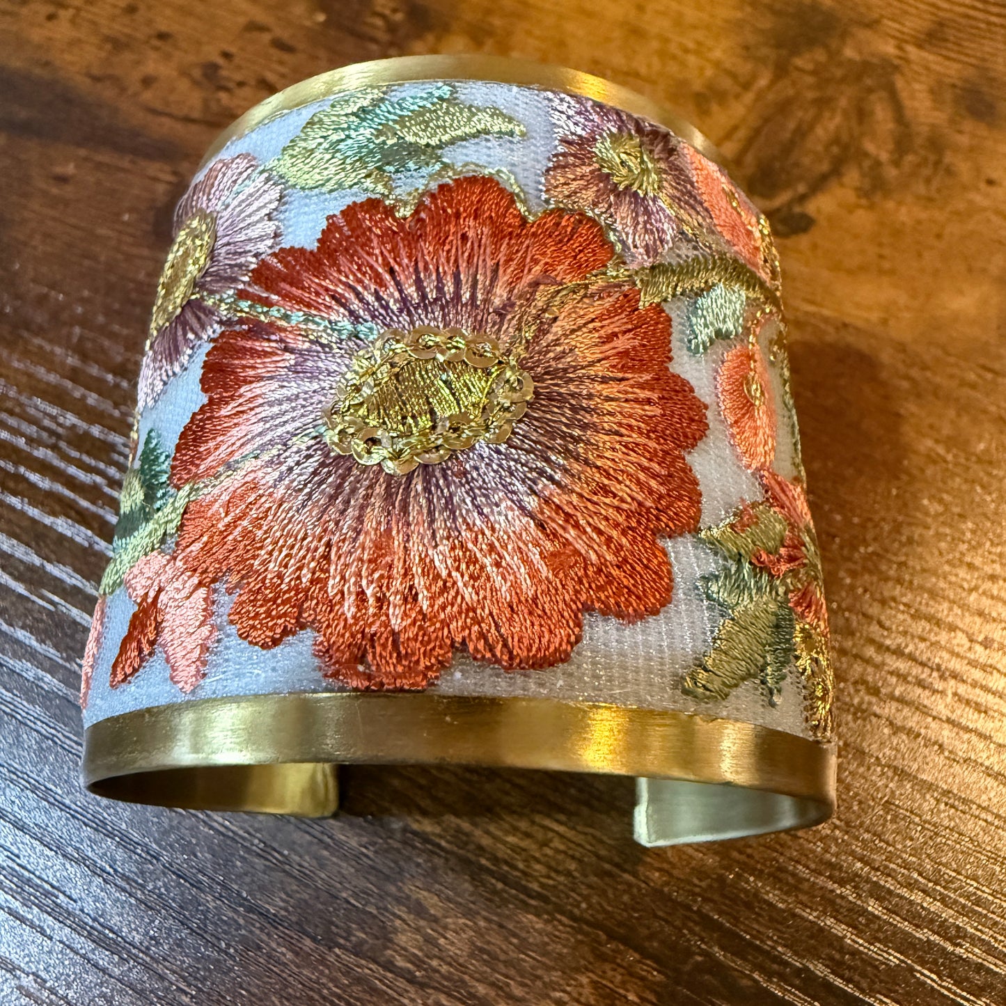 Autumn Bloom Handcrafted Embroidered Gold Cuff Flex Bracelet With Floral Embroidery