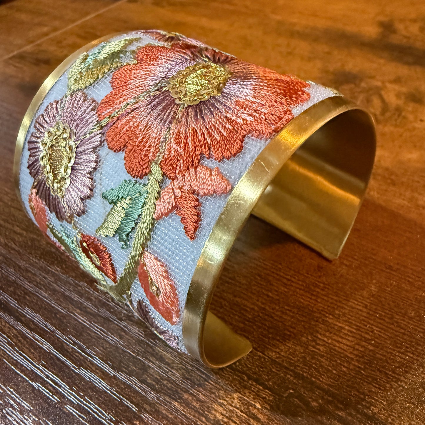 Autumn Bloom Handcrafted Embroidered Gold Cuff Flex Bracelet With Floral Embroidery