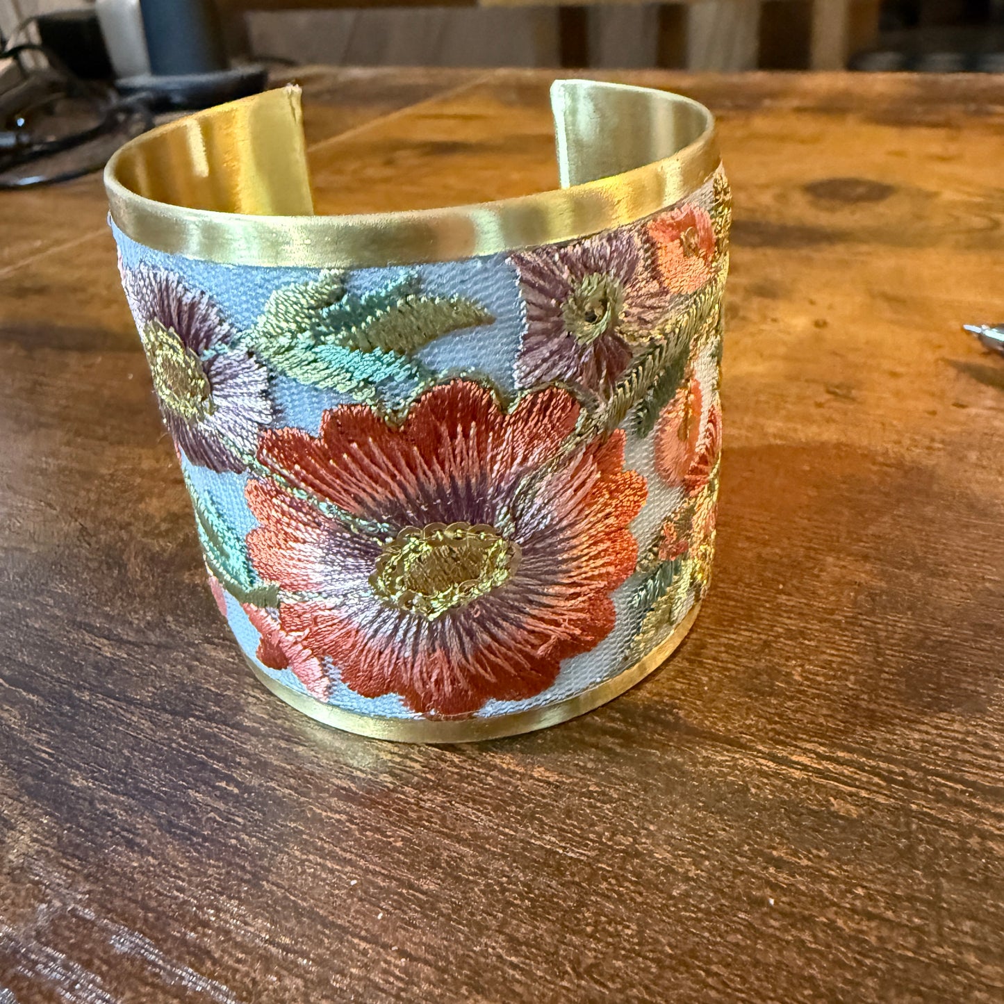 Autumn Bloom Handcrafted Embroidered Gold Cuff Flex Bracelet With Floral Embroidery