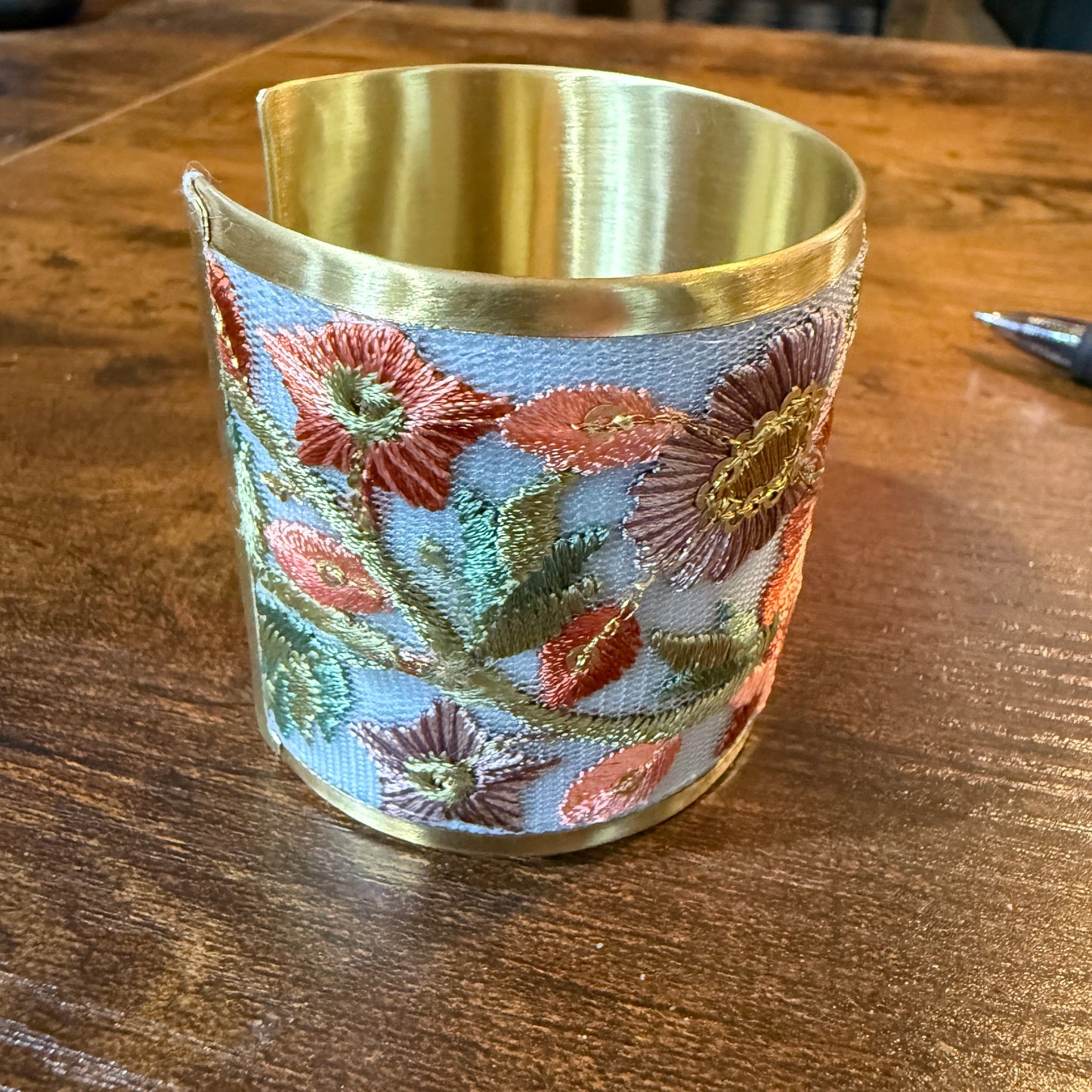 Autumn Bloom Handcrafted Embroidered Gold Cuff Flex Bracelet With Floral Embroidery